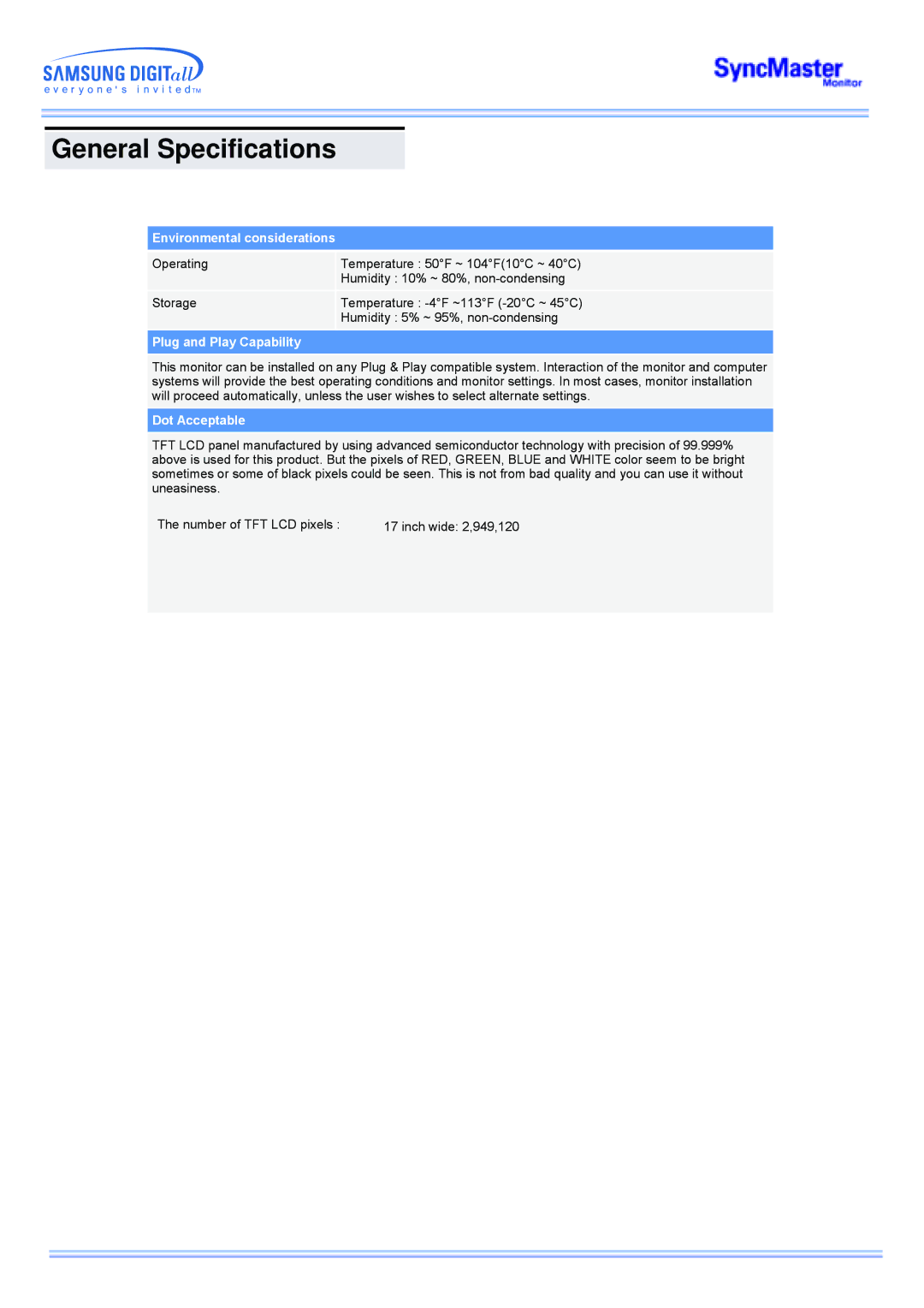 Samsung 173MW manual Environmental considerations 