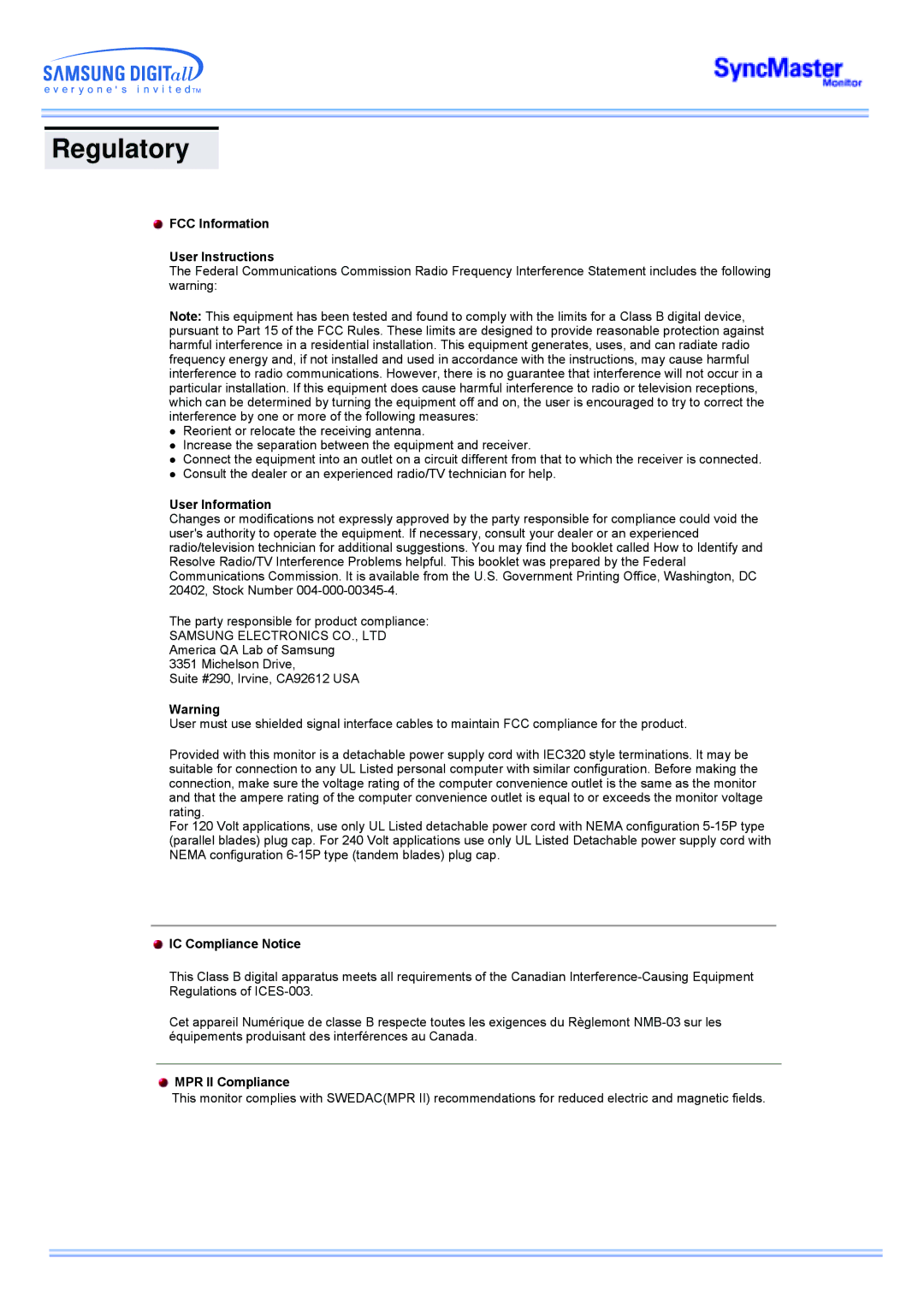 Samsung 173MW Regulatory, FCC Information User Instructions, User Information, IC Compliance Notice, MPR II Compliance 