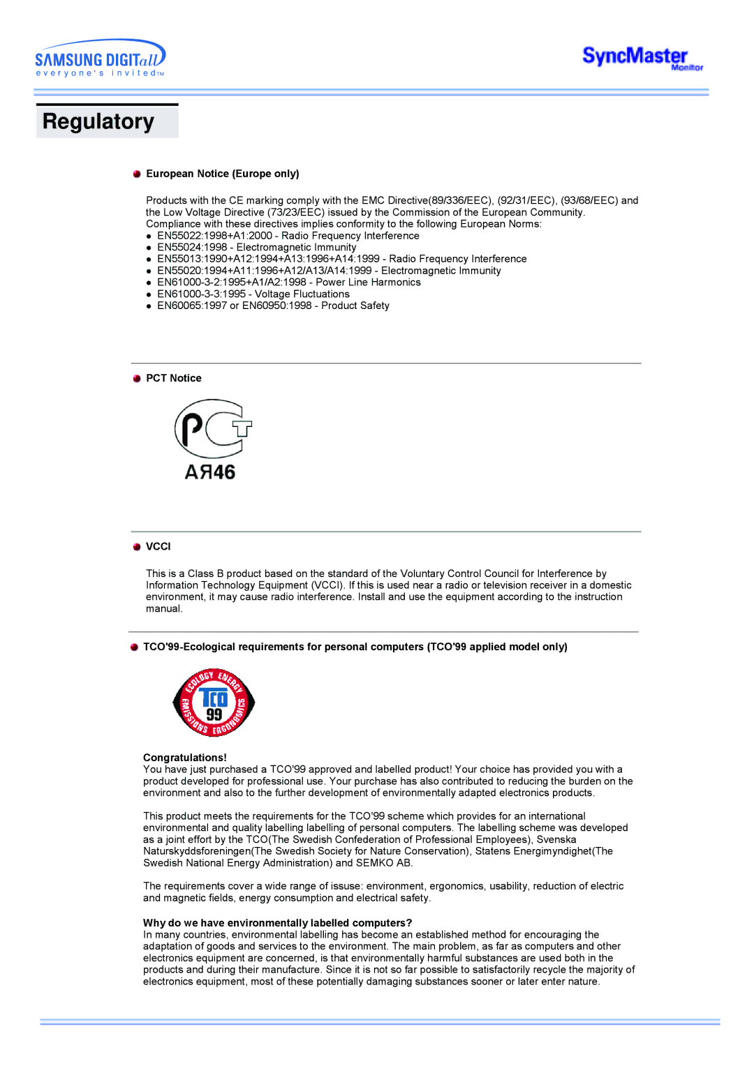 Samsung 173MW manual European Notice Europe only, PCT Notice, Vcci, Why do we have environmentally labelled computers? 