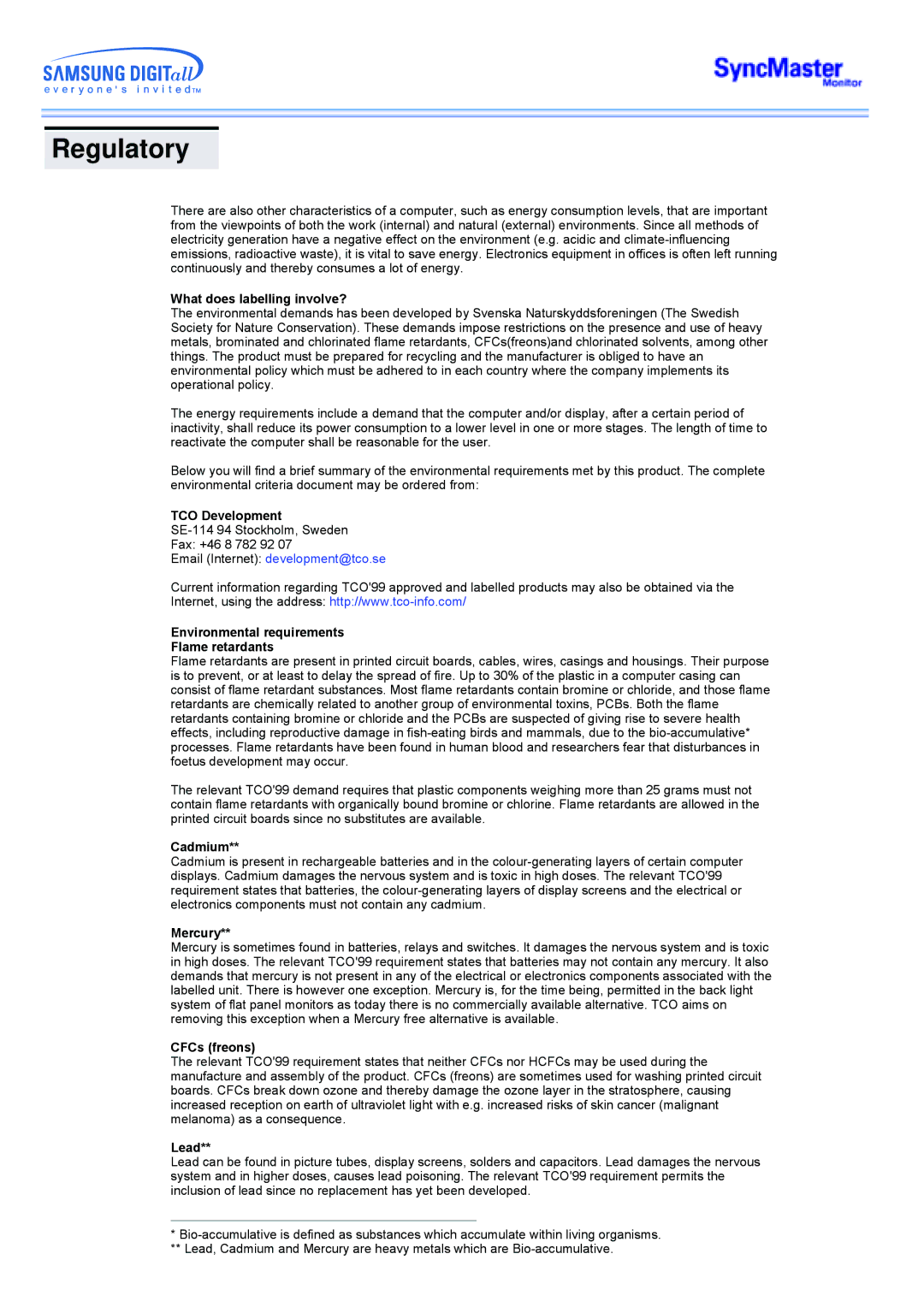 Samsung 173MW What does labelling involve?, TCO Development, Environmental requirements Flame retardants, Cadmium, Mercury 