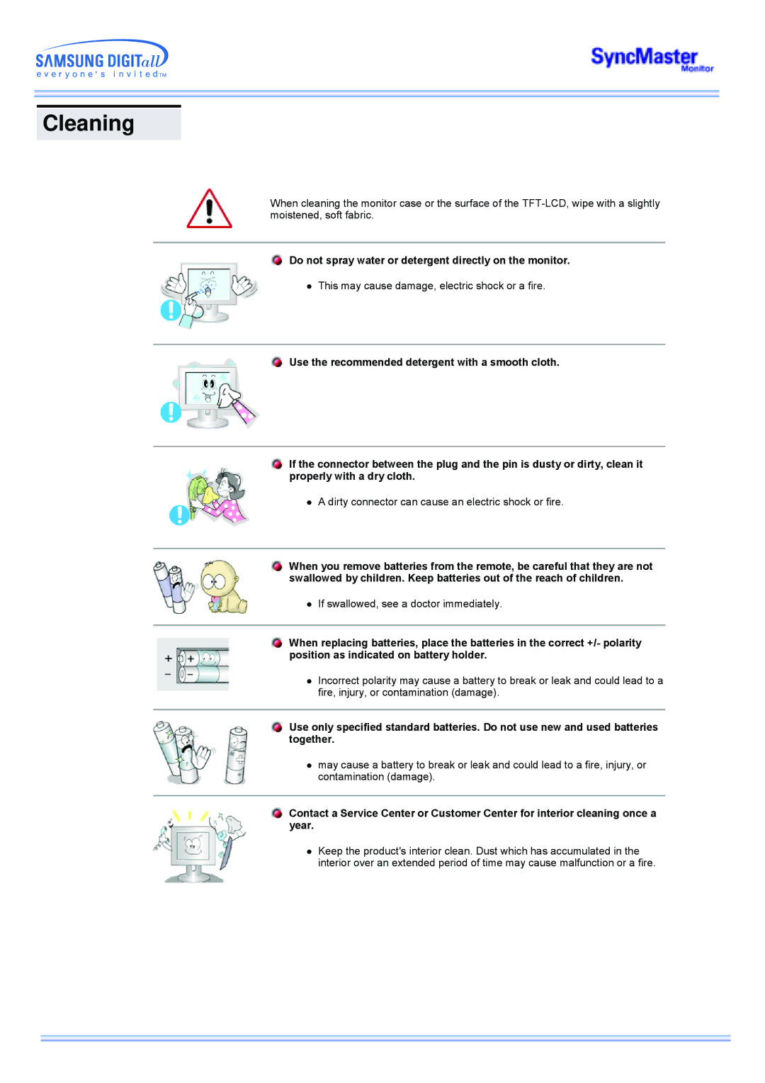 Samsung 173MW manual Cleaning, Do not spray water or detergent directly on the monitor 