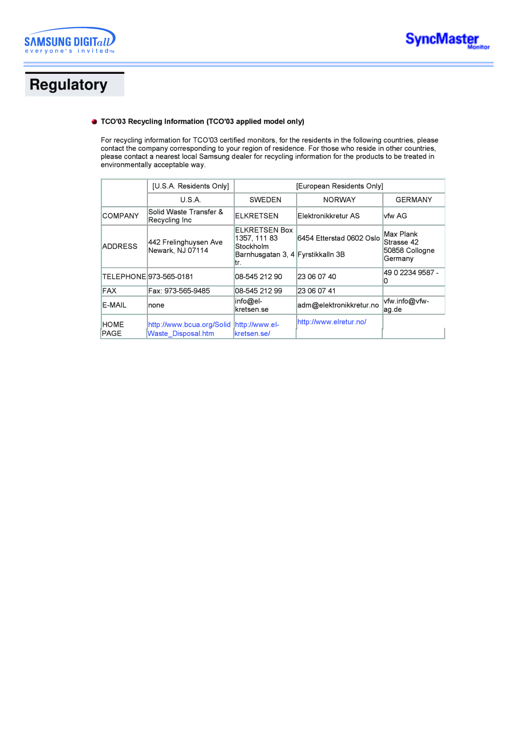 Samsung 173MW manual TCO03 Recycling Information TCO03 applied model only, Elkretsen 