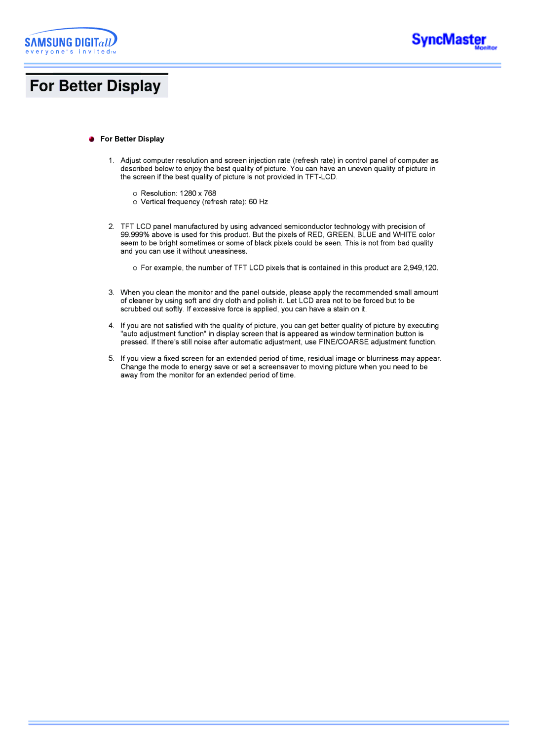 Samsung 173MW manual For Better Display 