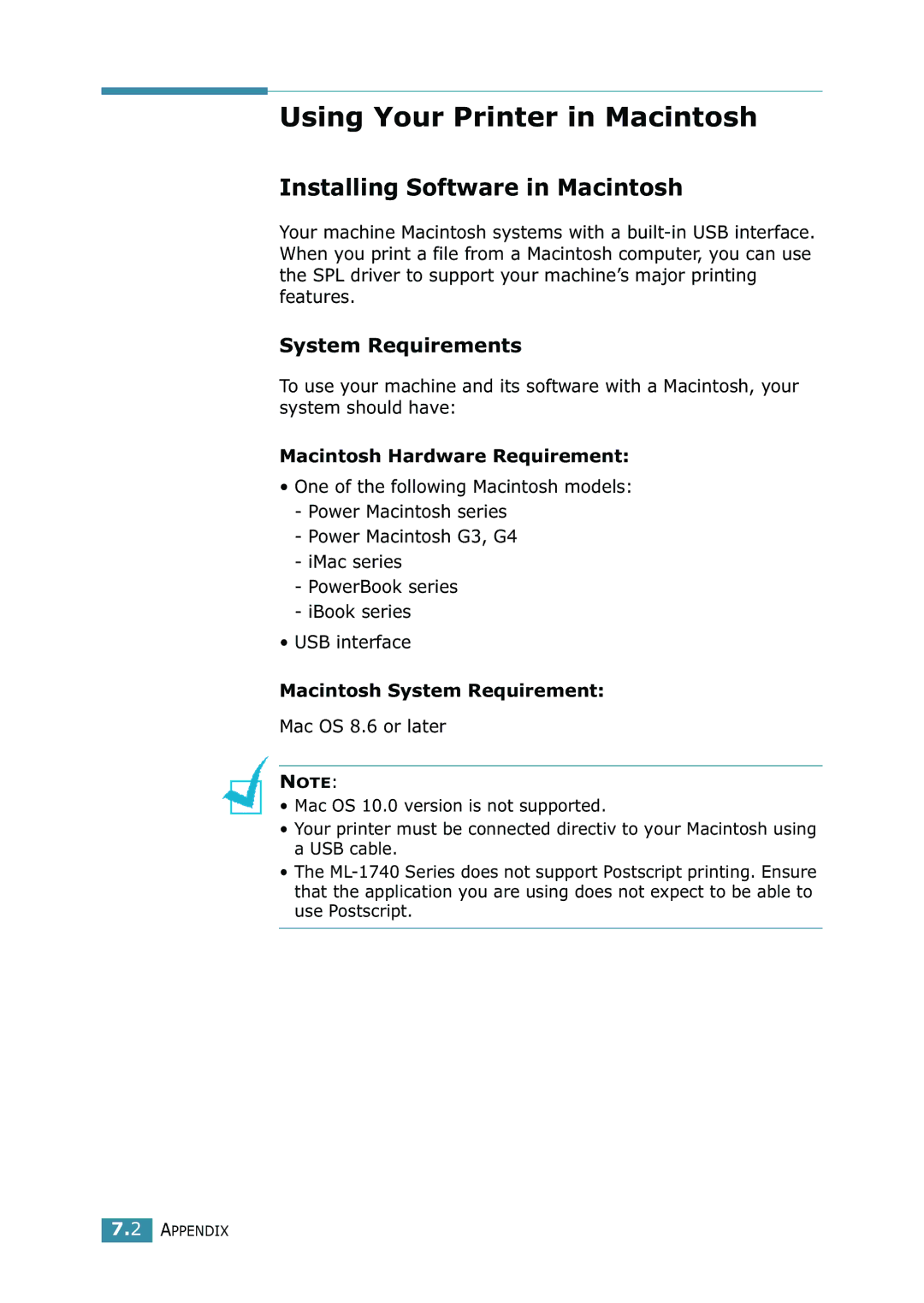 Samsung 1740 manual Using Your Printer in Macintosh, Installing Software in Macintosh, Macintosh Hardware Requirement 