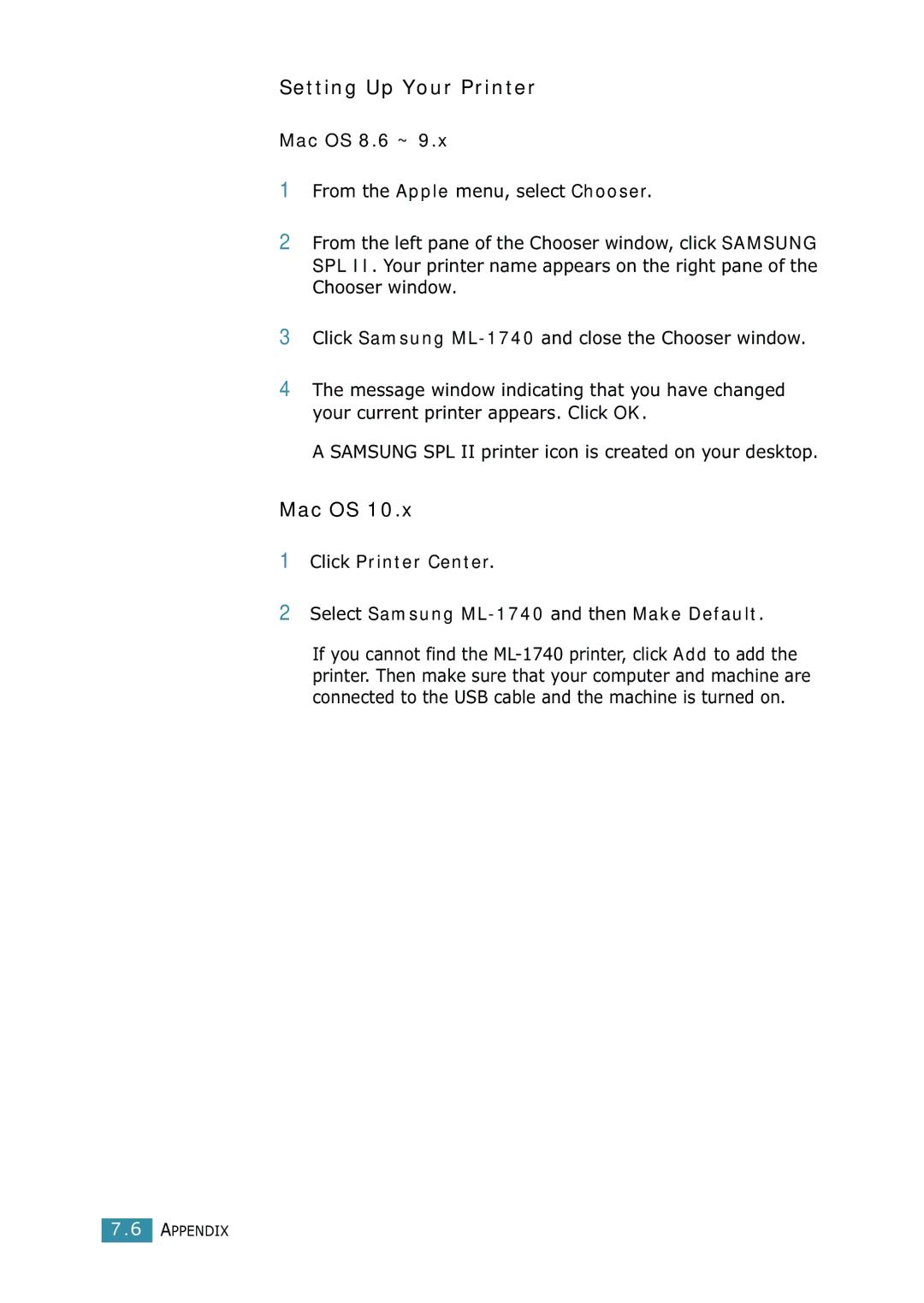 Samsung 1740 manual Setting Up Your Printer, Mac OS 8.6 ~ 