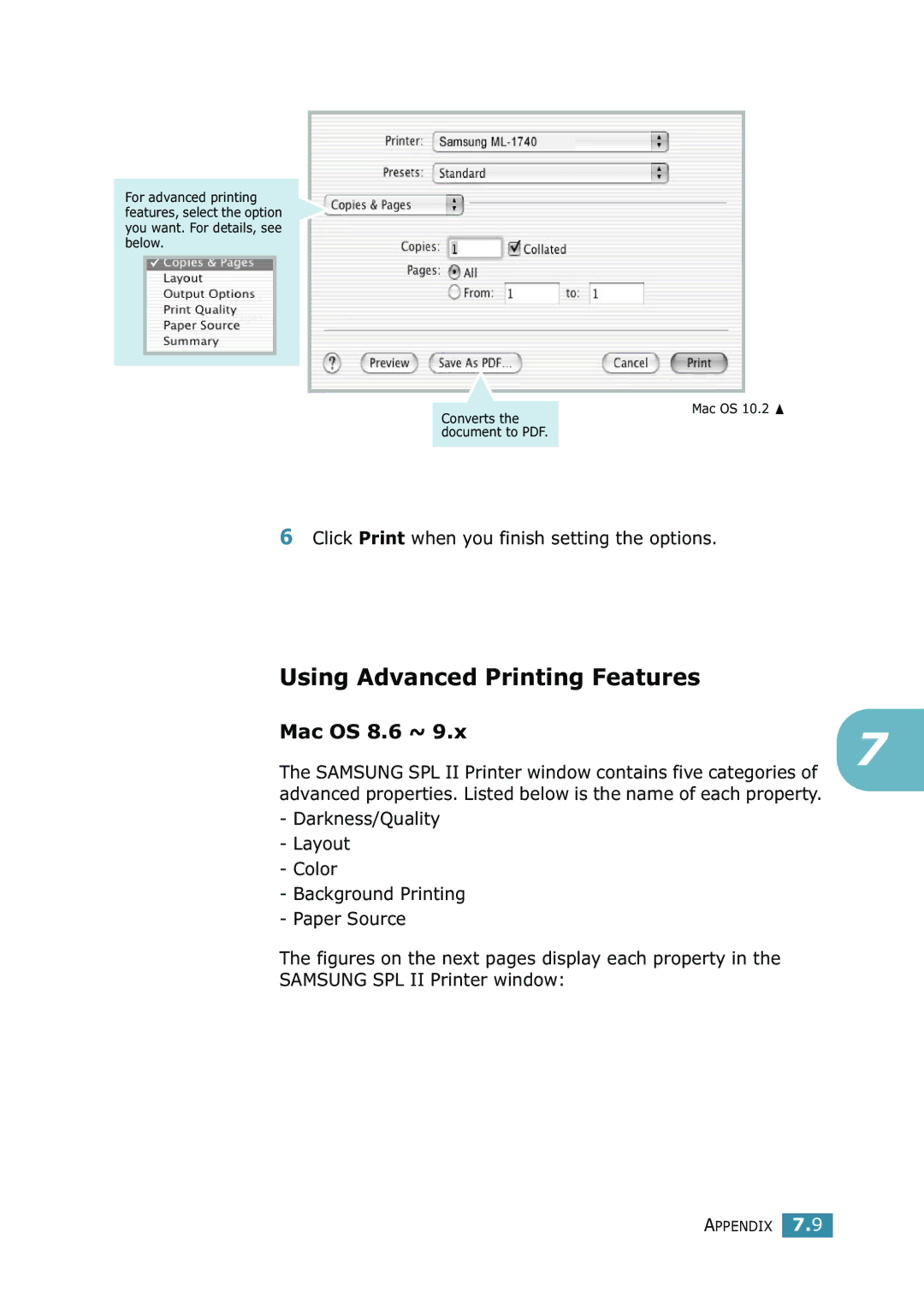 Samsung 1740 manual Using Advanced Printing Features, Mac OS 8.6 ~, Click Print when you finish setting the options 