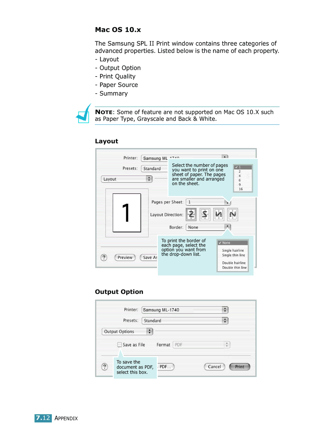 Samsung 1740 manual Layout Output Option Print Quality Paper Source Summary 