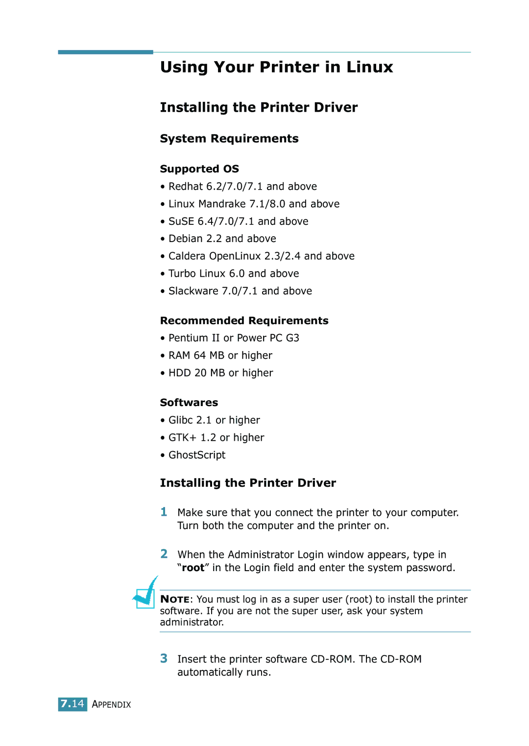 Samsung 1740 manual Using Your Printer in Linux, Installing the Printer Driver 