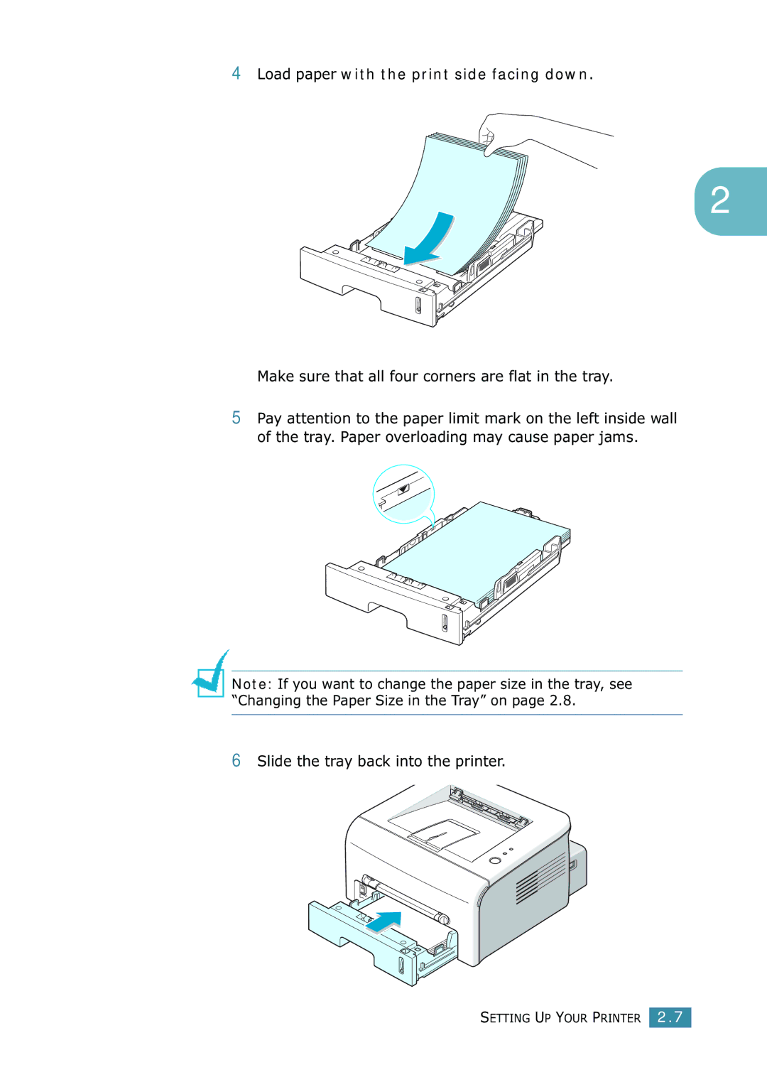 Samsung 1740 manual Load paper with the print side facing down, Make sure that all four corners are flat in the tray 