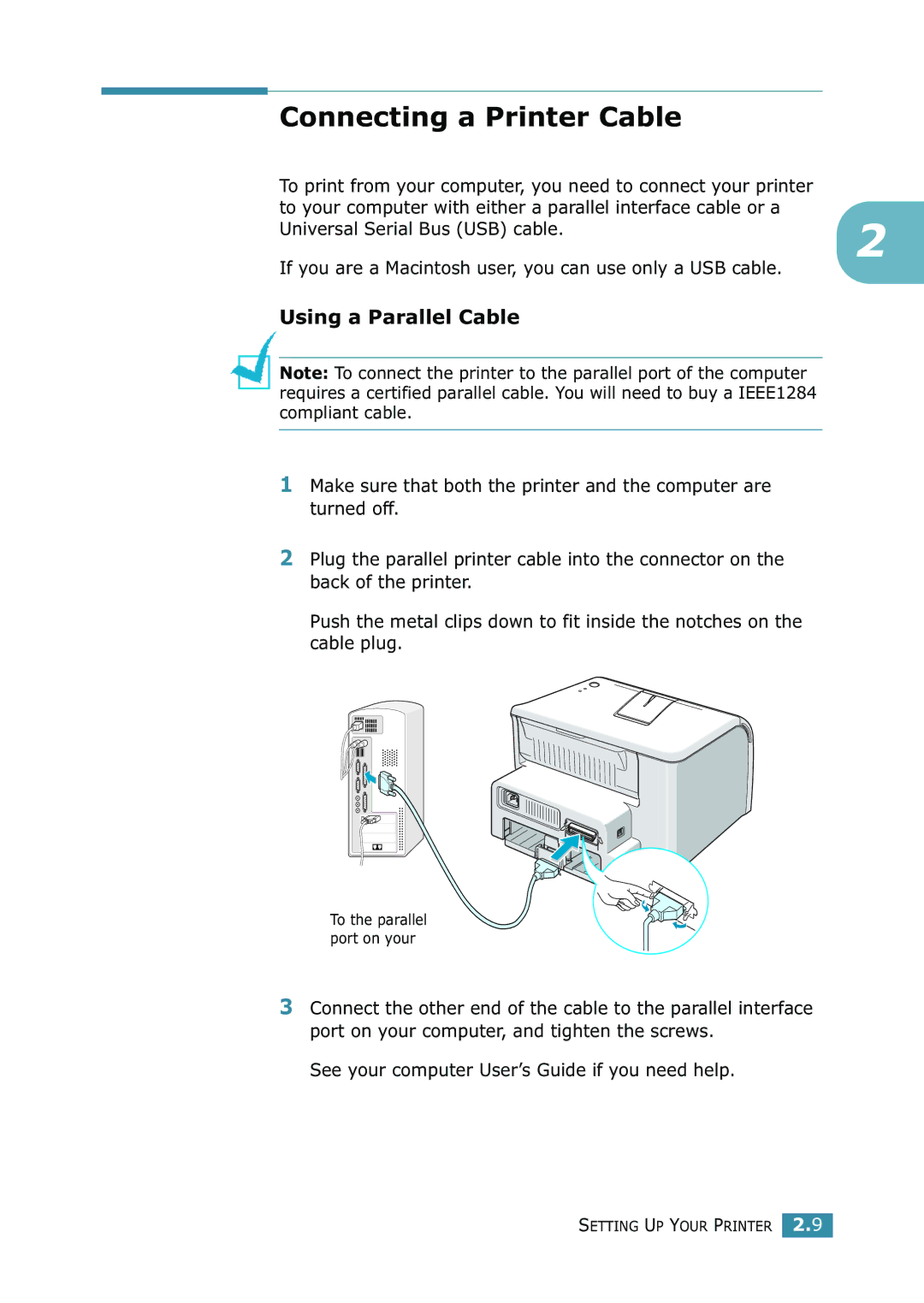 Samsung 1740 manual Connecting a Printer Cable, Using a Parallel Cable, See your computer User’s Guide if you need help 