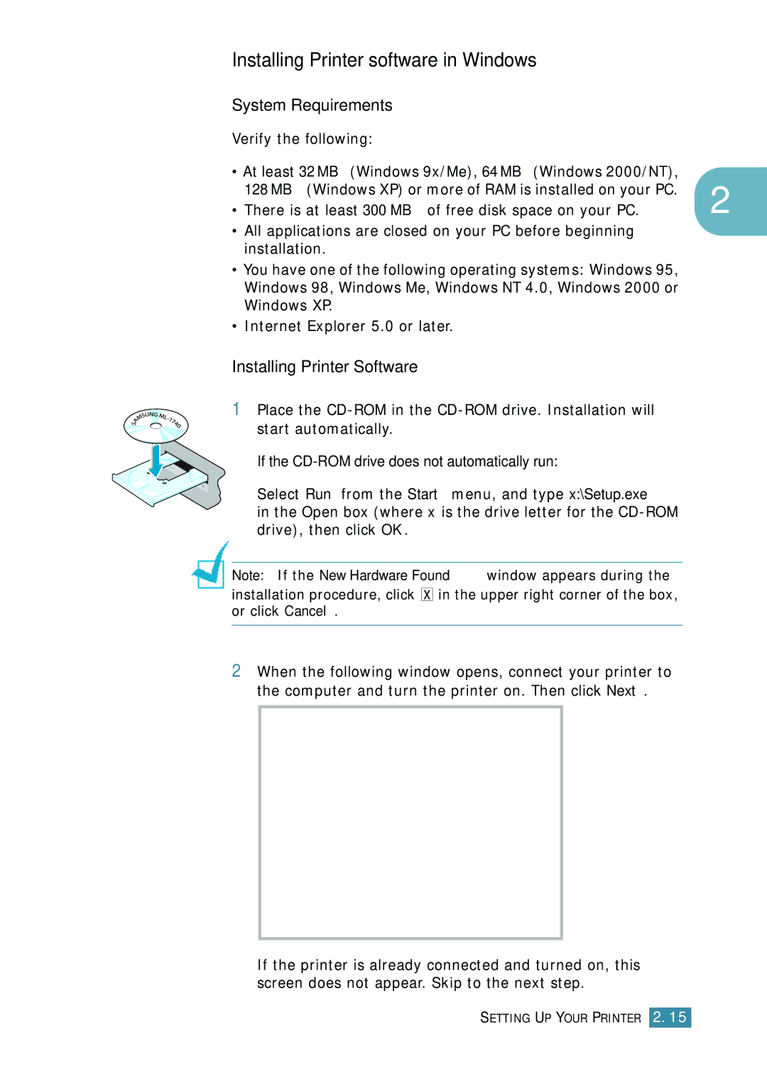 Samsung 1740 manual Installing Printer software in Windows, System Requirements, Installing Printer Software 