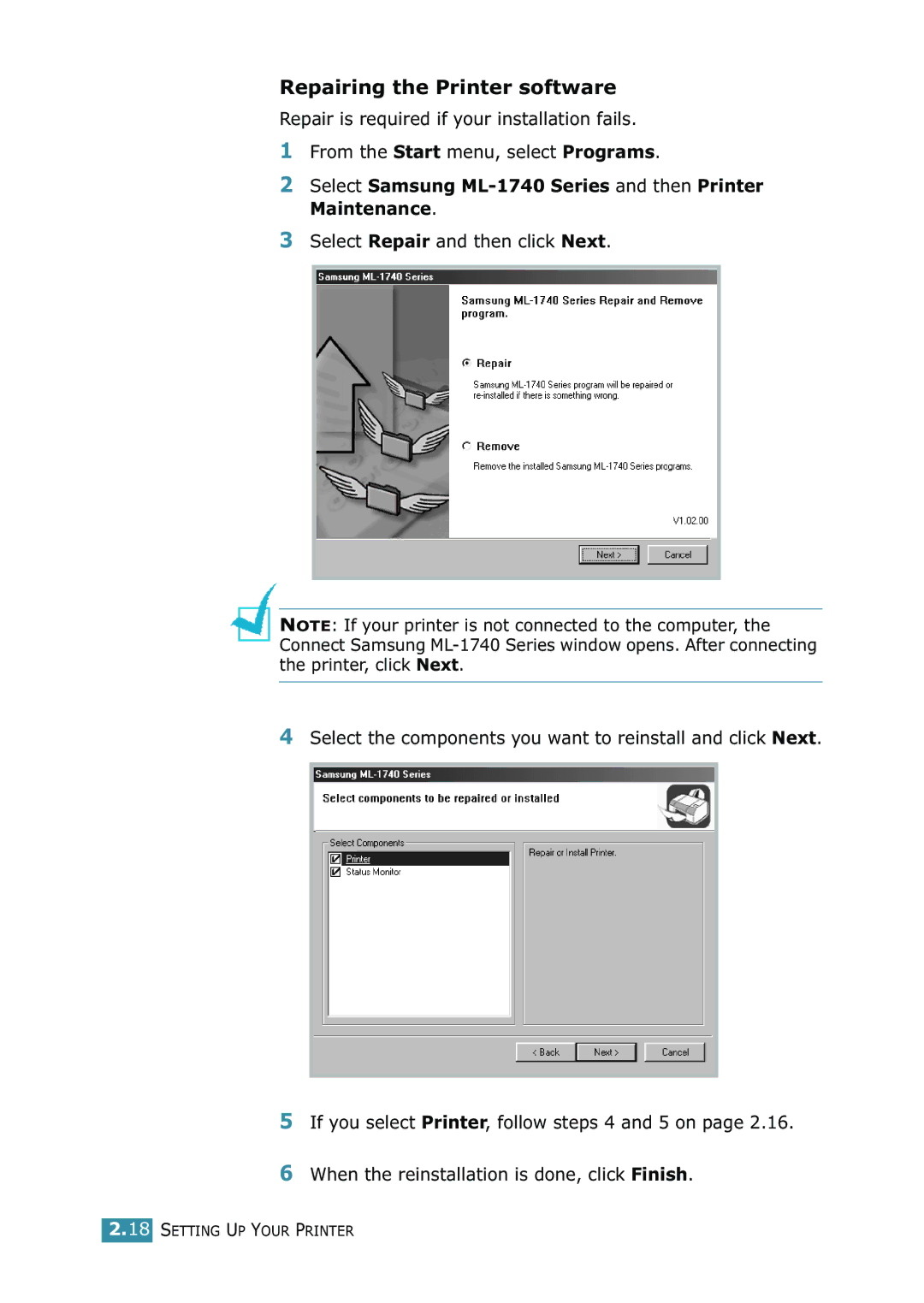 Samsung manual Repairing the Printer software, Select Samsung ML-1740 Series and then Printer Maintenance 