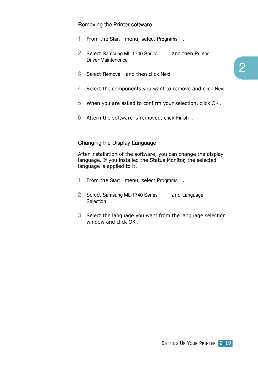 Samsung 1740 manual Removing the Printer software, Changing the Display Language 