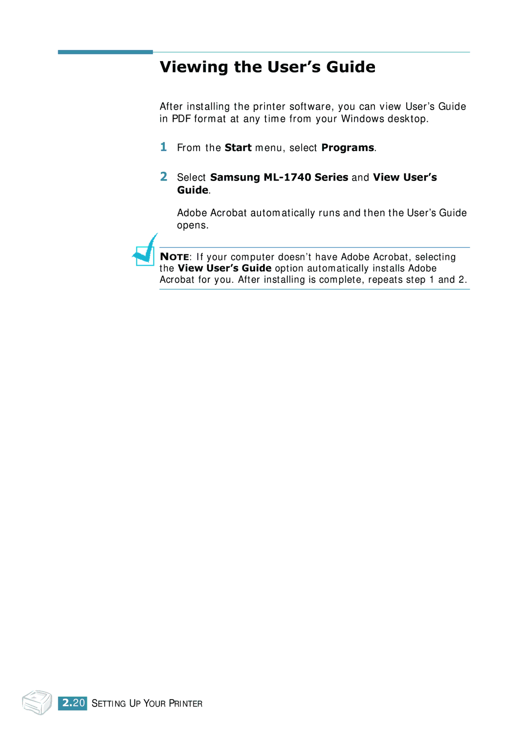 Samsung manual Viewing the User’s Guide, Select Samsung ML-1740 Series and View User’s Guide 