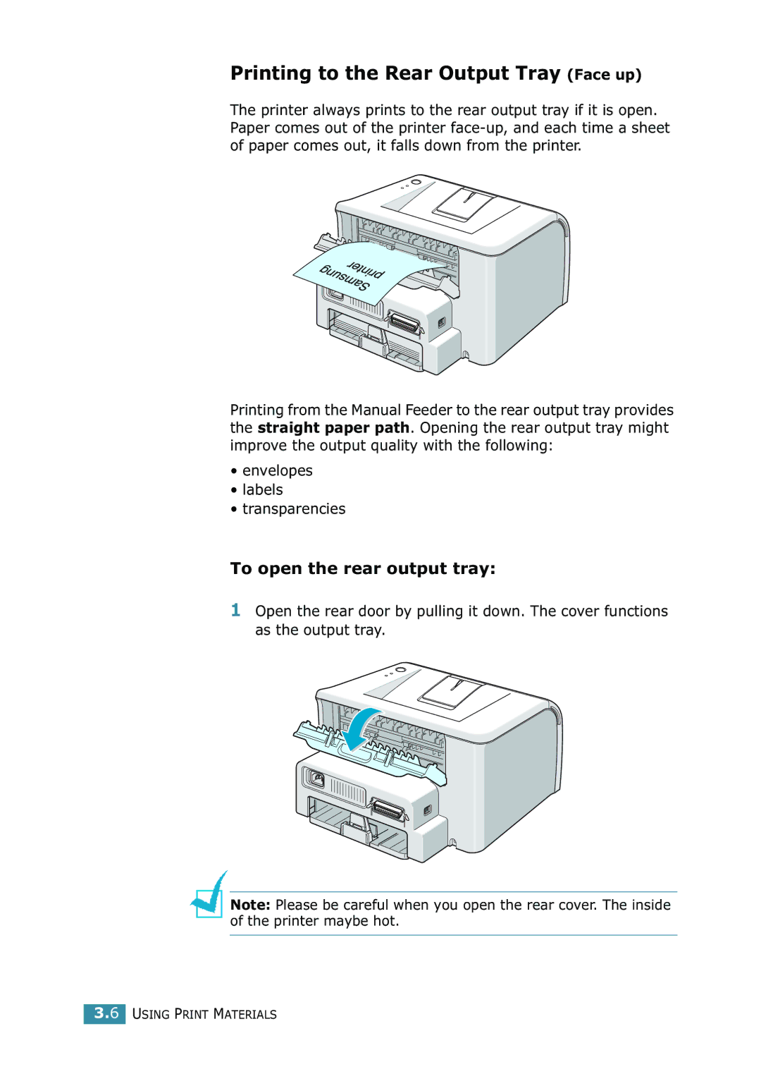 Samsung 1740 manual Printing to the Rear Output Tray Face up, To open the rear output tray 