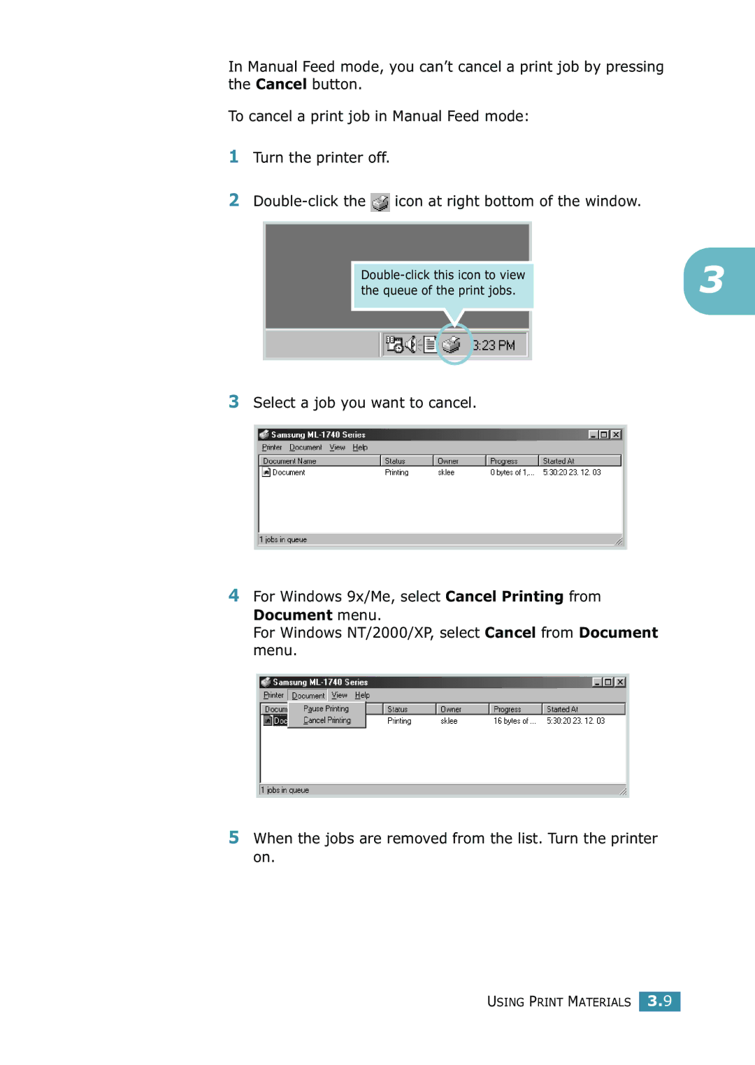 Samsung 1740 manual Double-click this icon to view Queue of the print jobs 