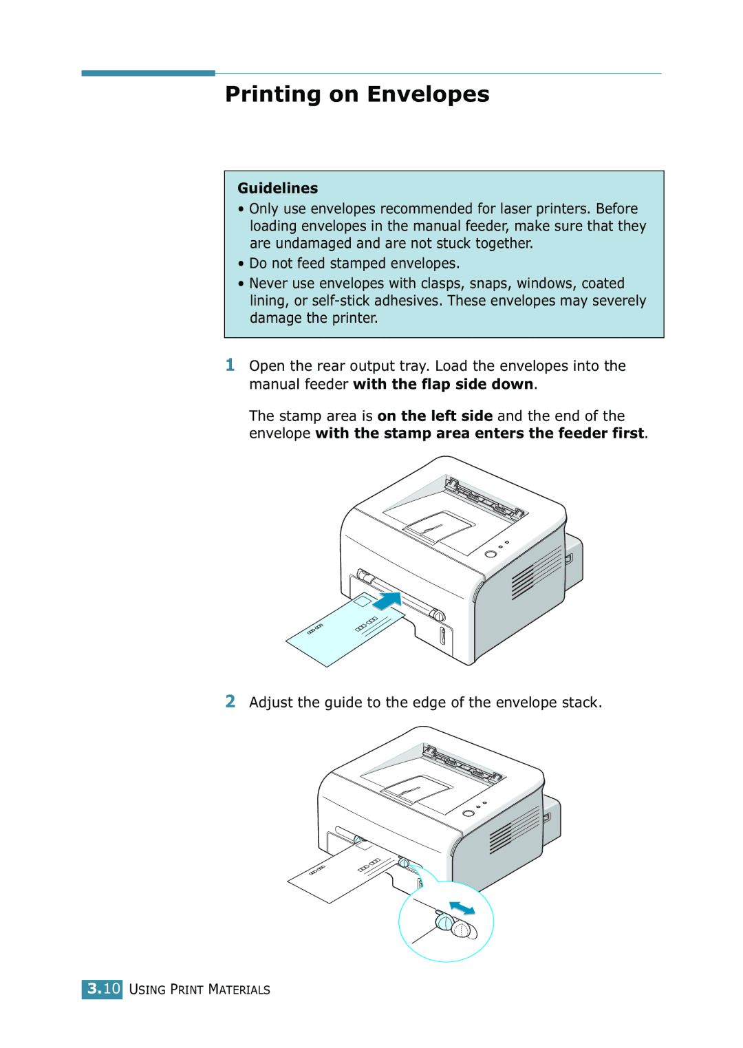 Samsung 1740 manual Printing on Envelopes, Guidelines, Adjust the guide to the edge of the envelope stack 