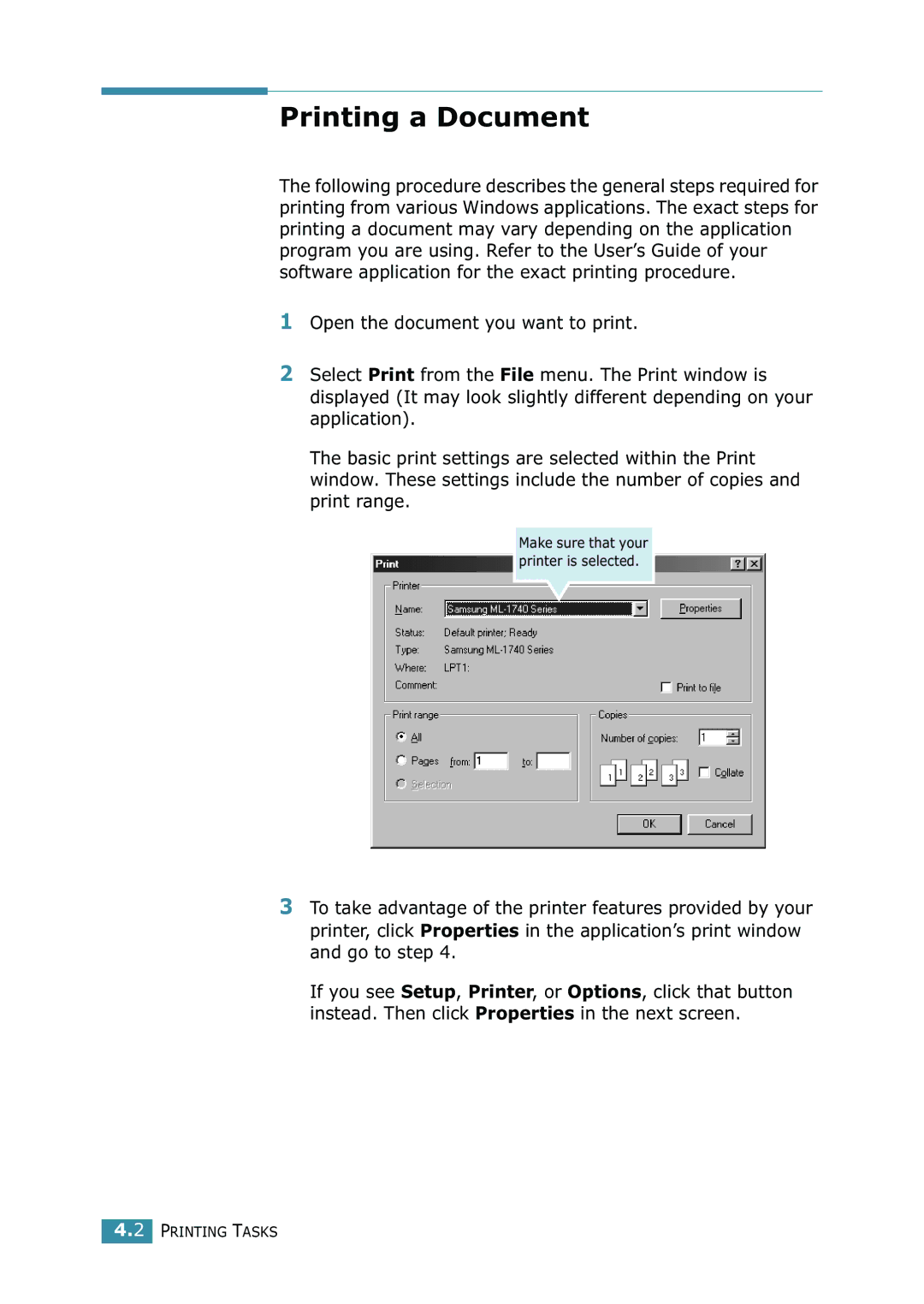 Samsung 1740 manual Printing a Document 