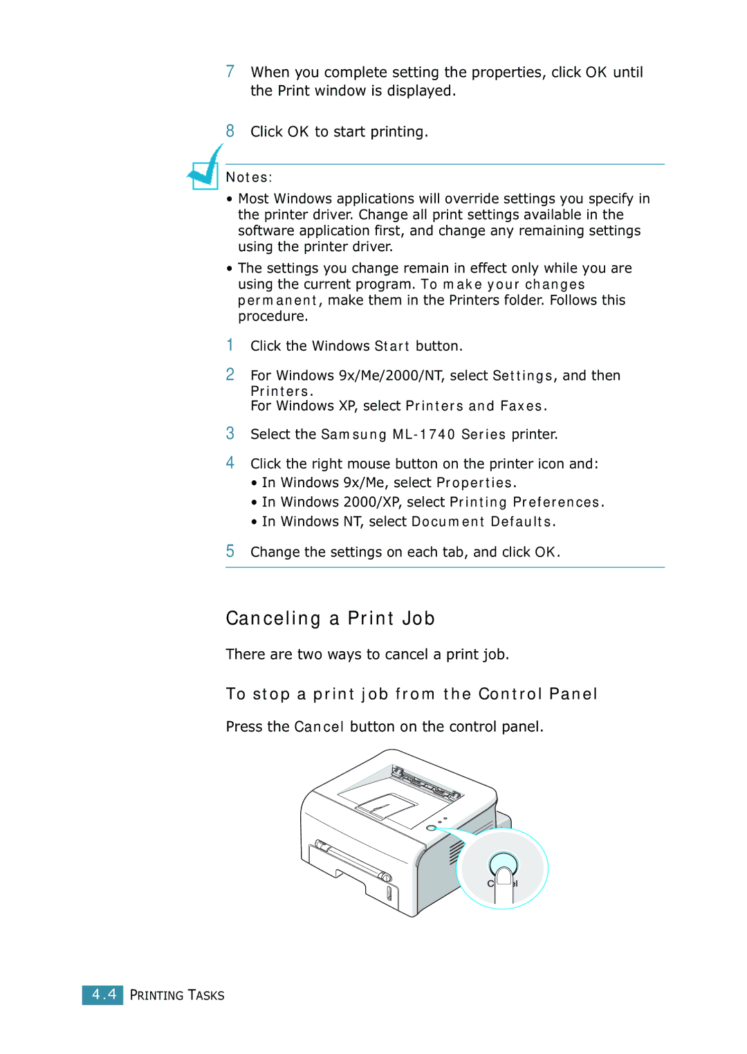 Samsung Canceling a Print Job, To stop a print job from the Control Panel, Select the Samsung ML-1740 Series printer 