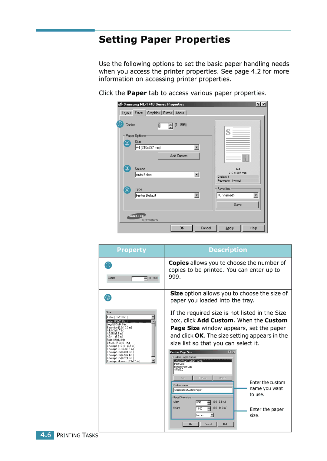 Samsung 1740 manual Setting Paper Properties, Property Description 