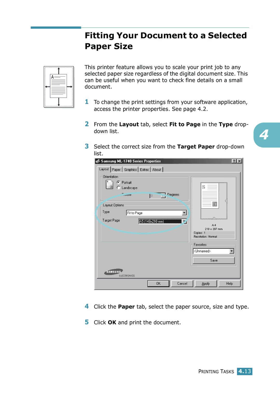 Samsung 1740 manual Fitting Your Document to a Selected Paper Size 