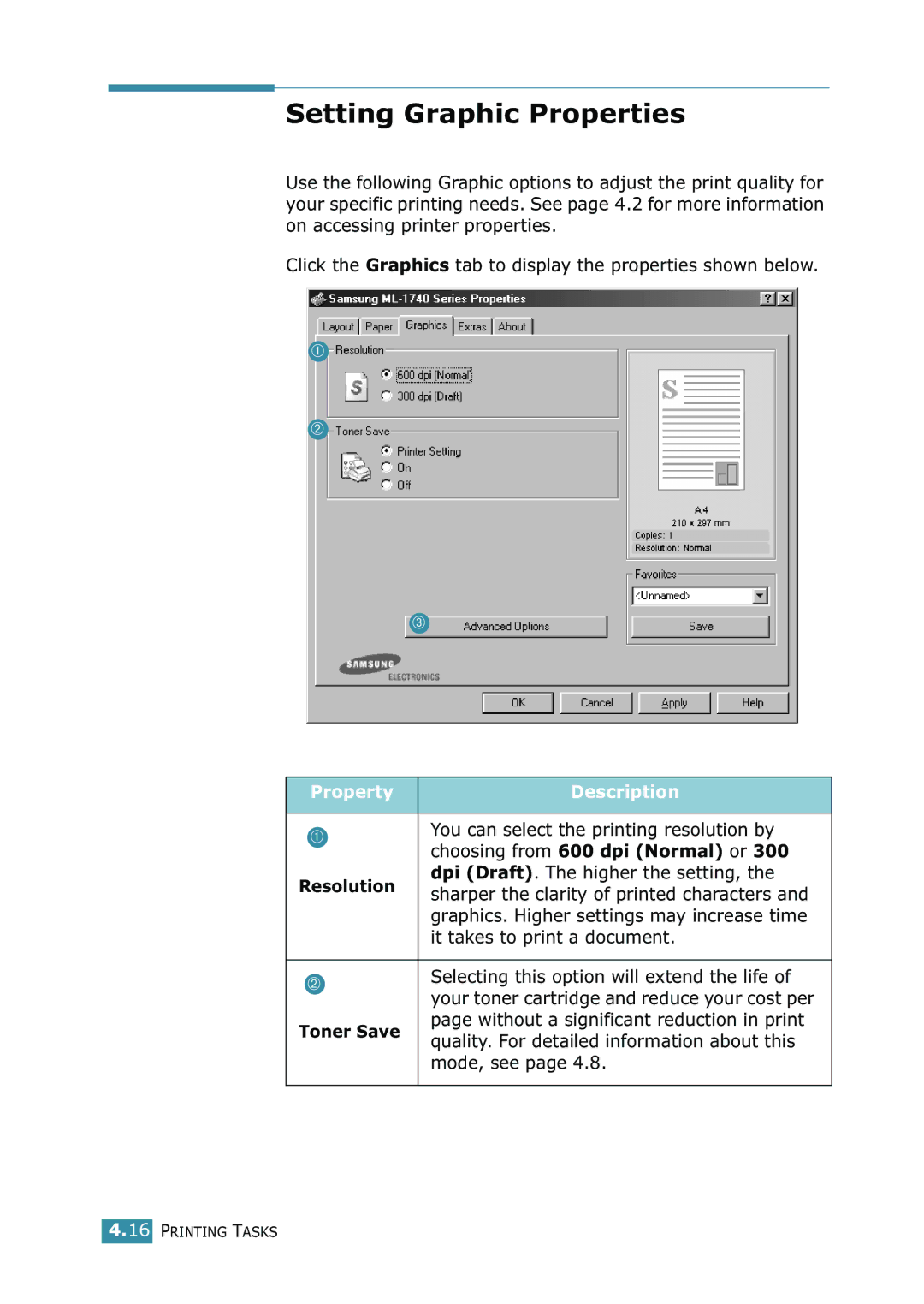 Samsung 1740 manual Setting Graphic Properties, Resolution, Toner Save 