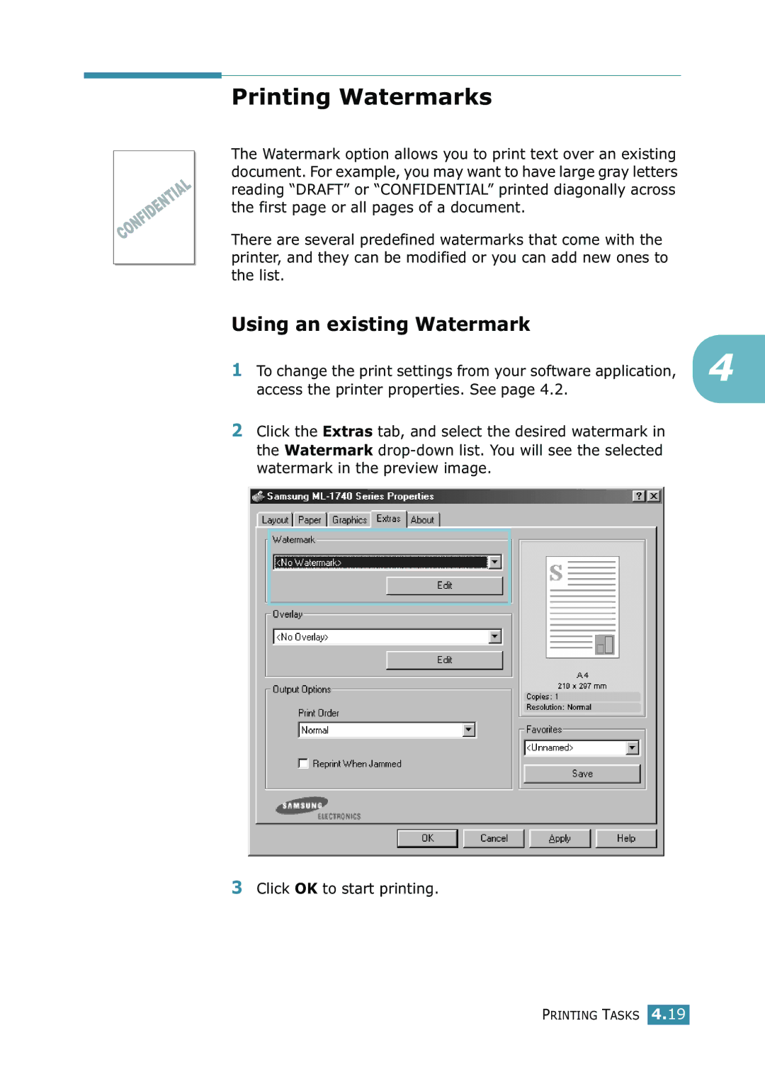 Samsung 1740 manual Printing Watermarks, Using an existing Watermark 