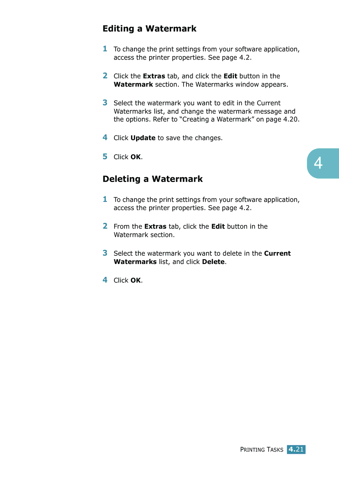 Samsung 1740 manual Editing a Watermark, Deleting a Watermark, Click Update to save the changes Click OK 