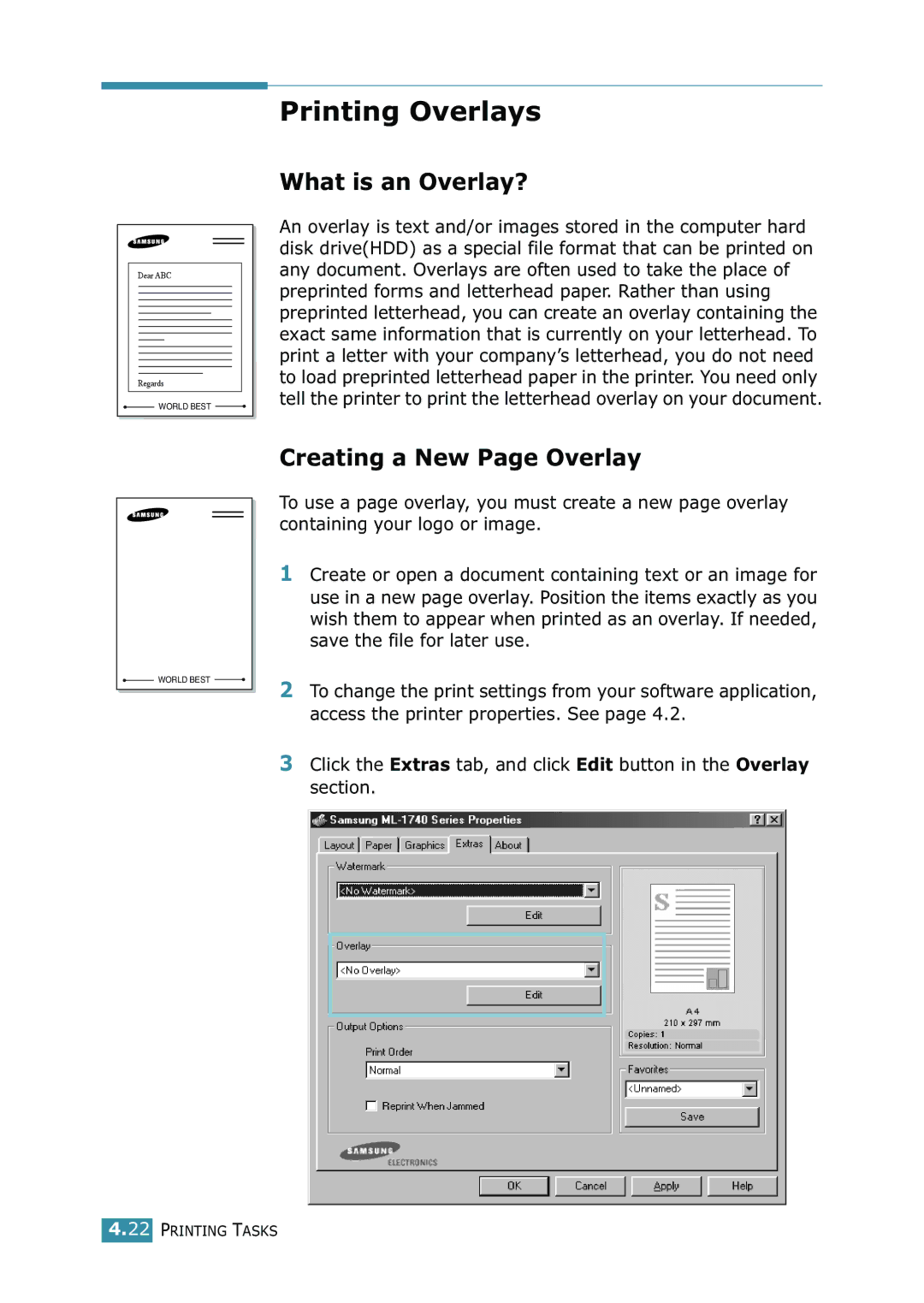 Samsung 1740 manual Printing Overlays, What is an Overlay?, Creating a New Page Overlay 