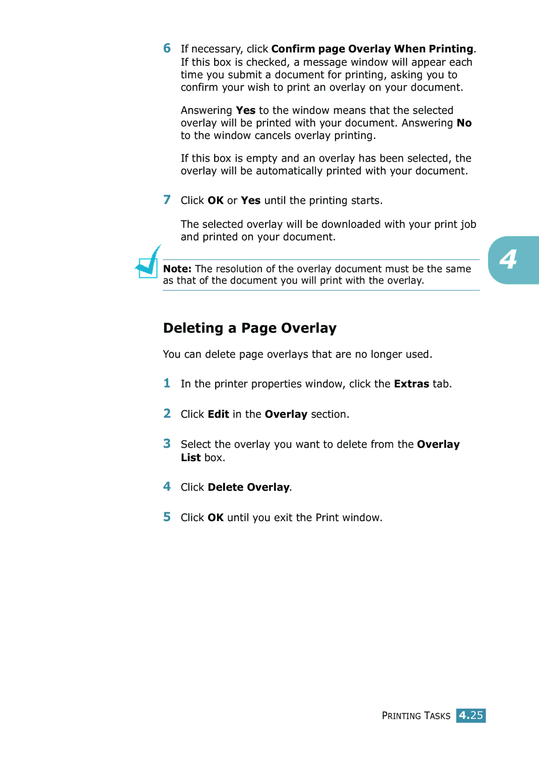 Samsung 1740 manual Deleting a Page Overlay, Click Delete Overlay, Click OK until you exit the Print window 