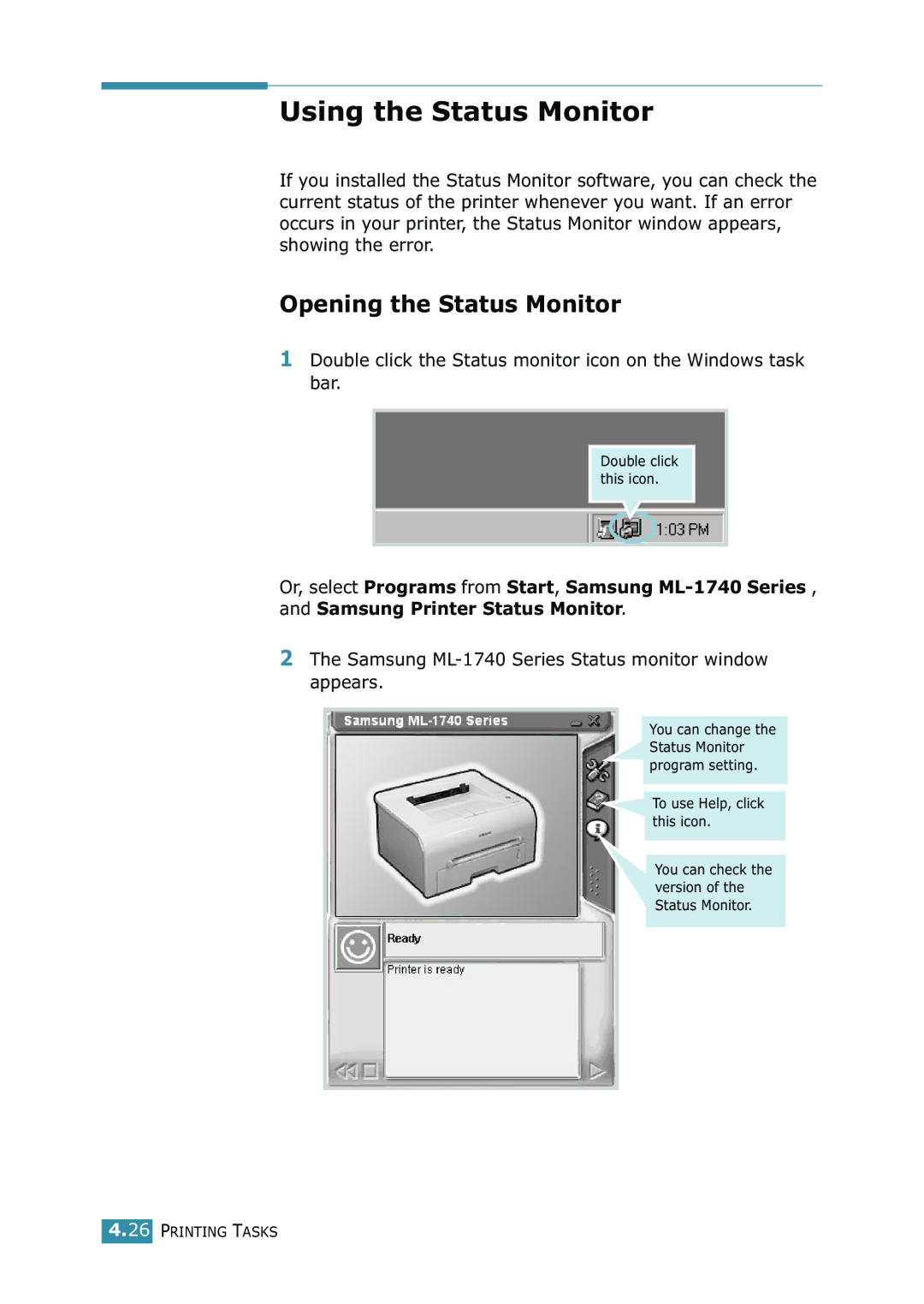 Samsung Using the Status Monitor, Opening the Status Monitor, Samsung ML-1740 Series Status monitor window appears 