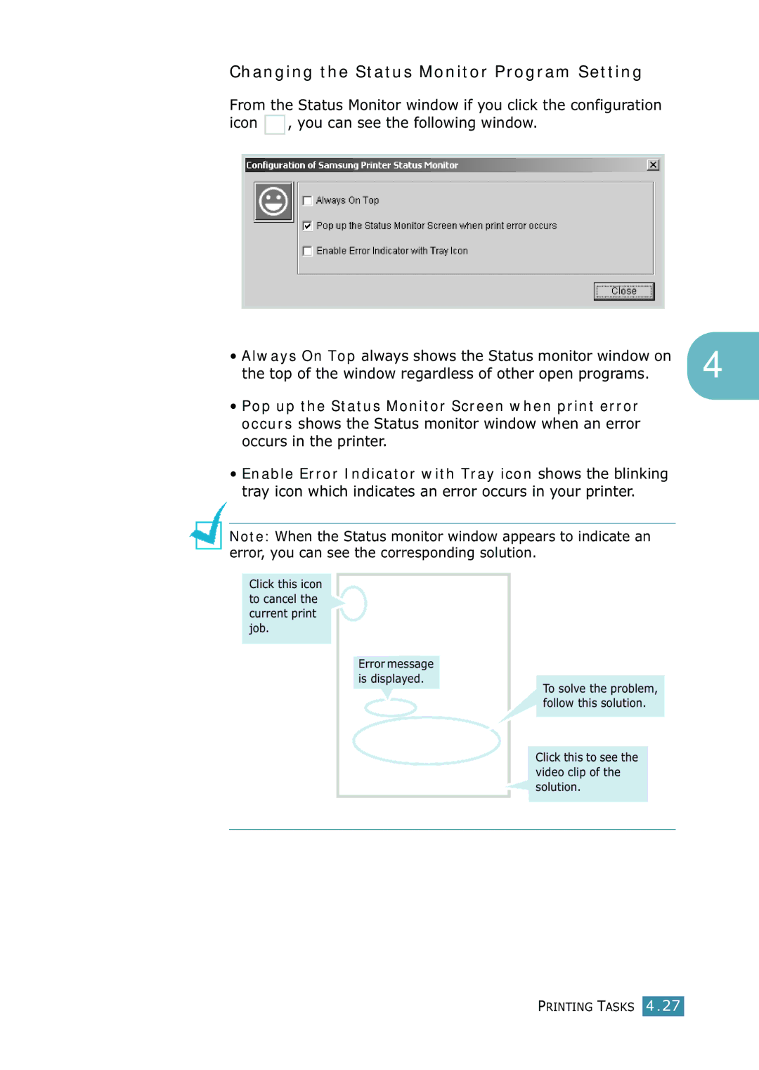 Samsung 1740 manual Changing the Status Monitor Program Setting, Top of the window regardless of other open programs 