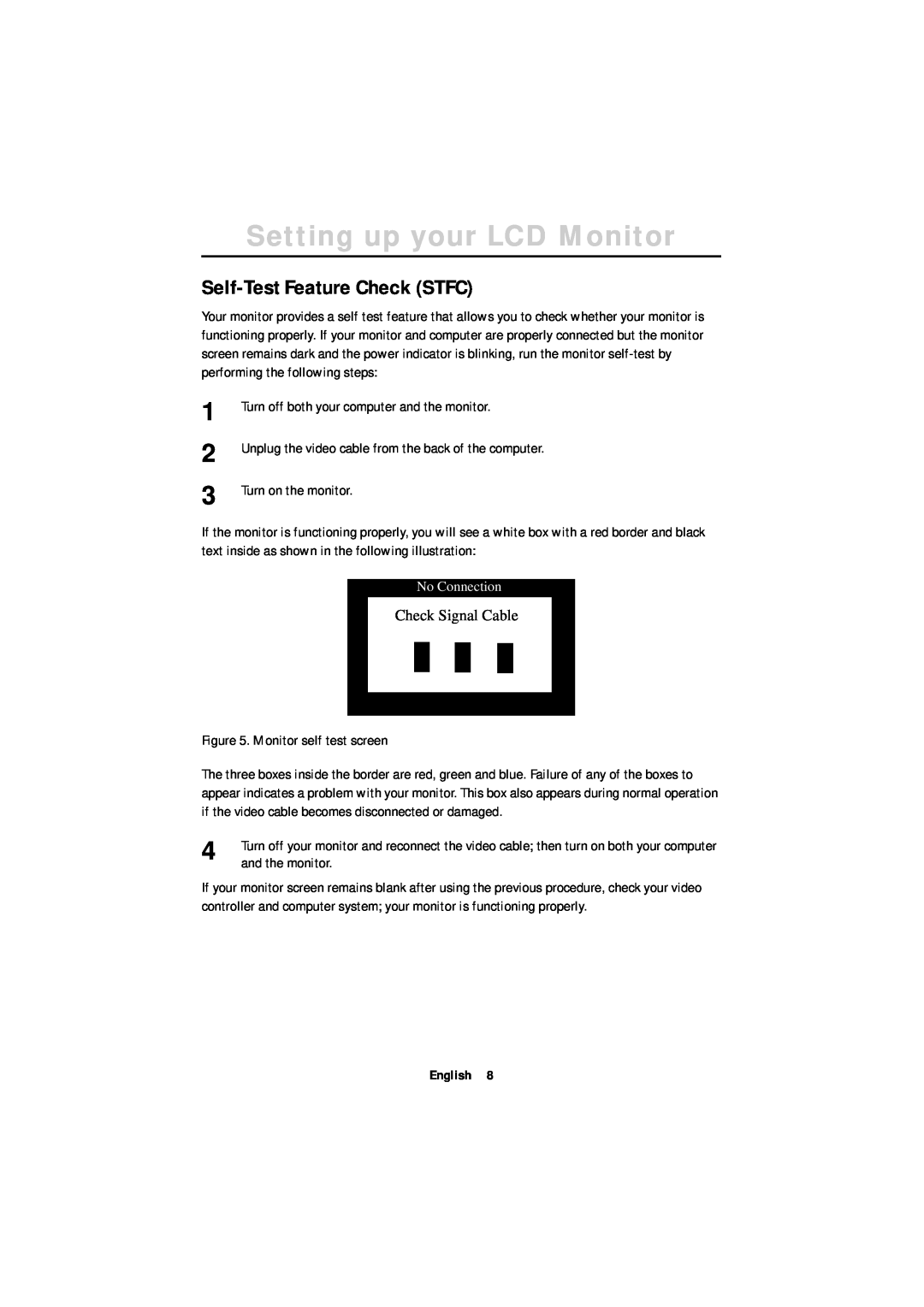 Samsung 180T Self-Test Feature Check STFC, Turn off both your computer and the monitor, Turn on the monitor, No Connection 