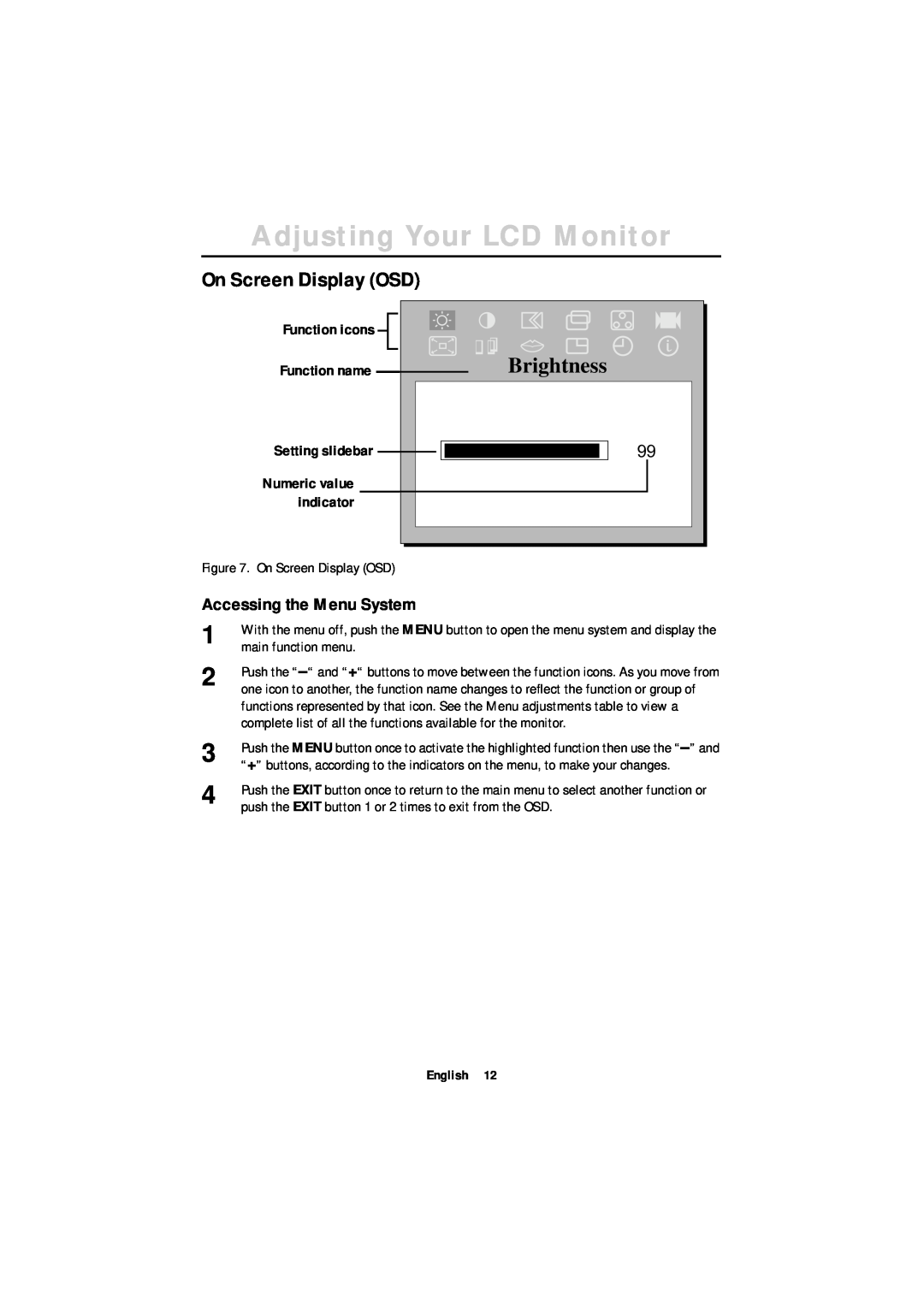 Samsung 180T manual On Screen Display OSD, Accessing the Menu System, Adjusting Your LCD Monitor, Brightness, Function name 