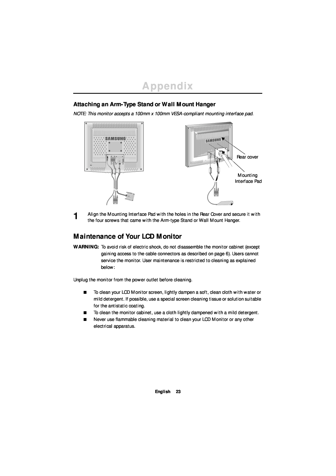 Samsung 180T manual Maintenance of Your LCD Monitor, Attaching an Arm-Type Stand or Wall Mount Hanger, Appendix 