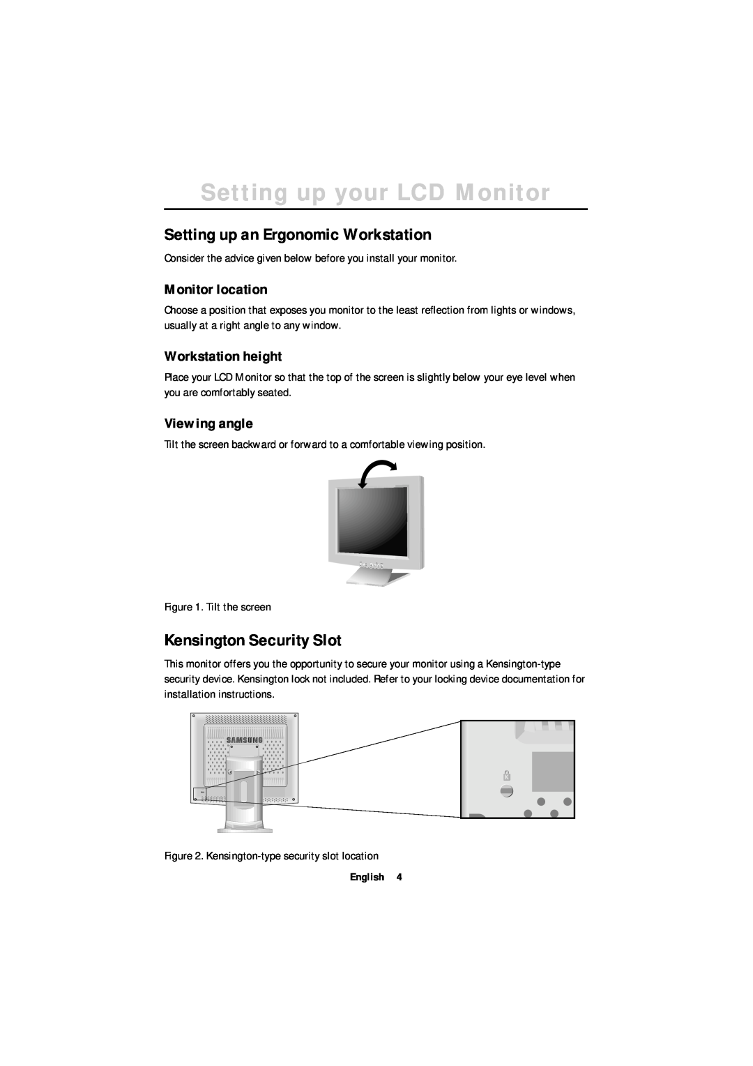 Samsung 180T Setting up your LCD Monitor, Setting up an Ergonomic Workstation, Kensington Security Slot, Monitor location 