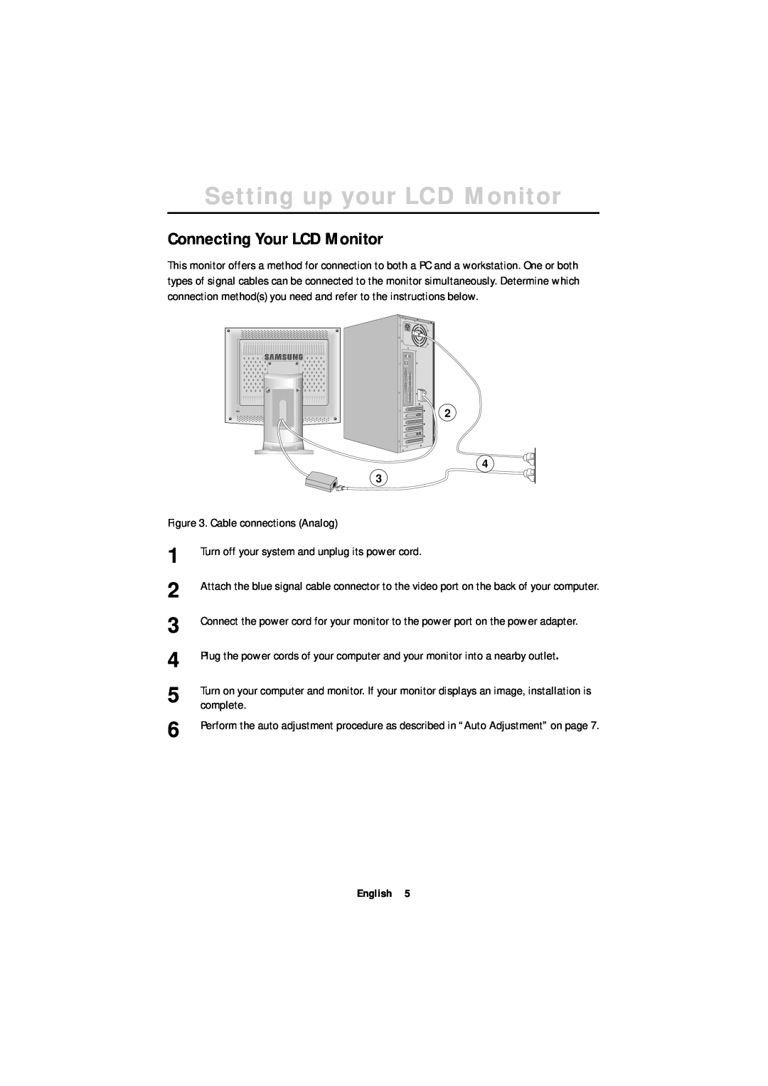 Samsung 180T English, Italiano Portuguese Deutsch Español Français, Connecting Your LCD Monitor, Cable connections Analog 