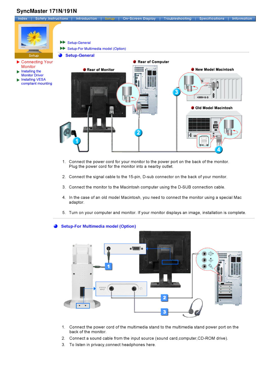 Samsung 181T, 171T manual Installing Monitor Driver Installing Vesa compliant mounting 