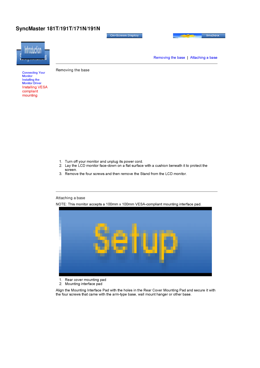 Samsung 171T manual SyncMaster 181T/191T/171N/191N, Removing the base, Attaching a base 