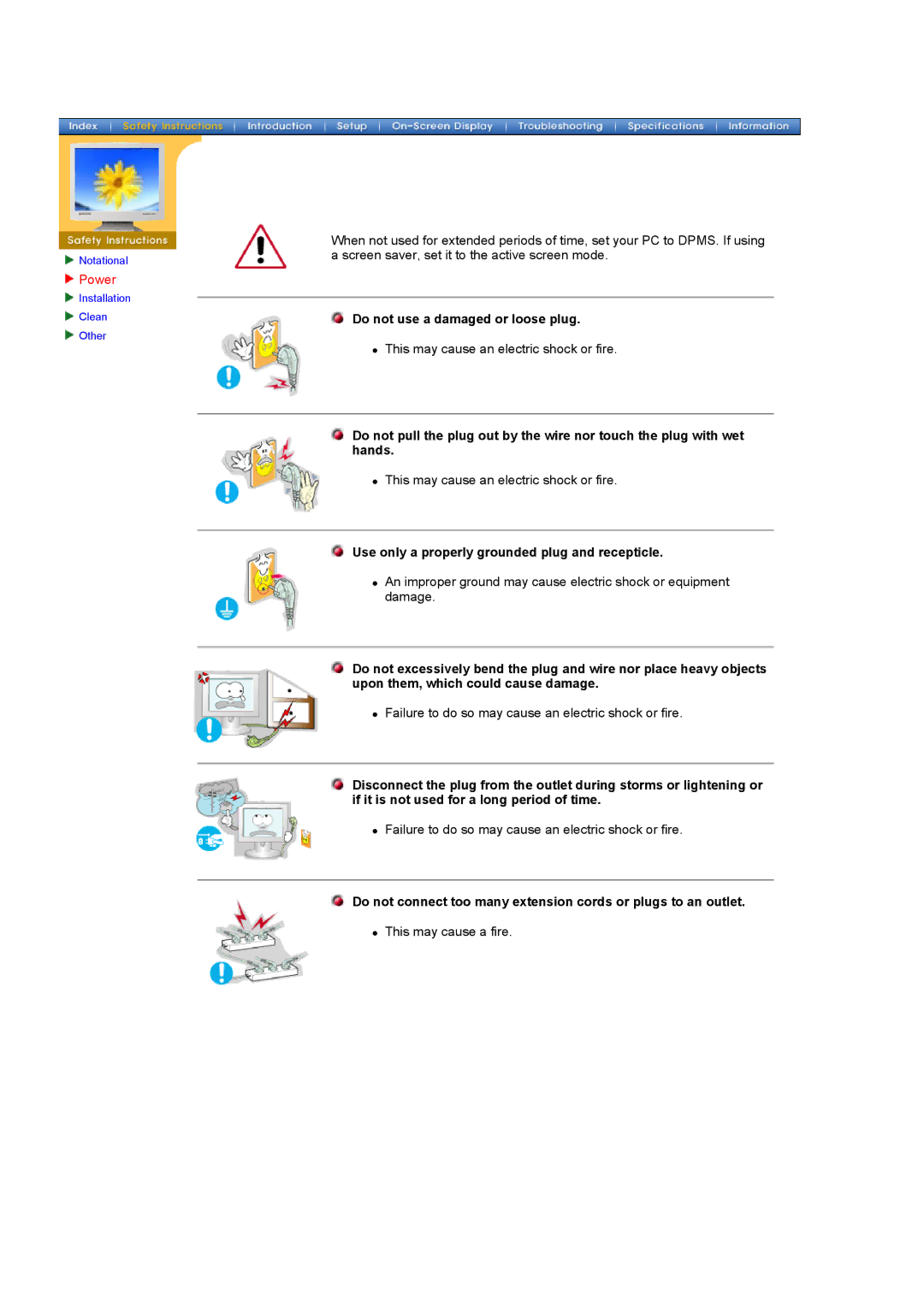 Samsung 181T, 171T manual Do not use a damaged or loose plug, Use only a properly grounded plug and recepticle 