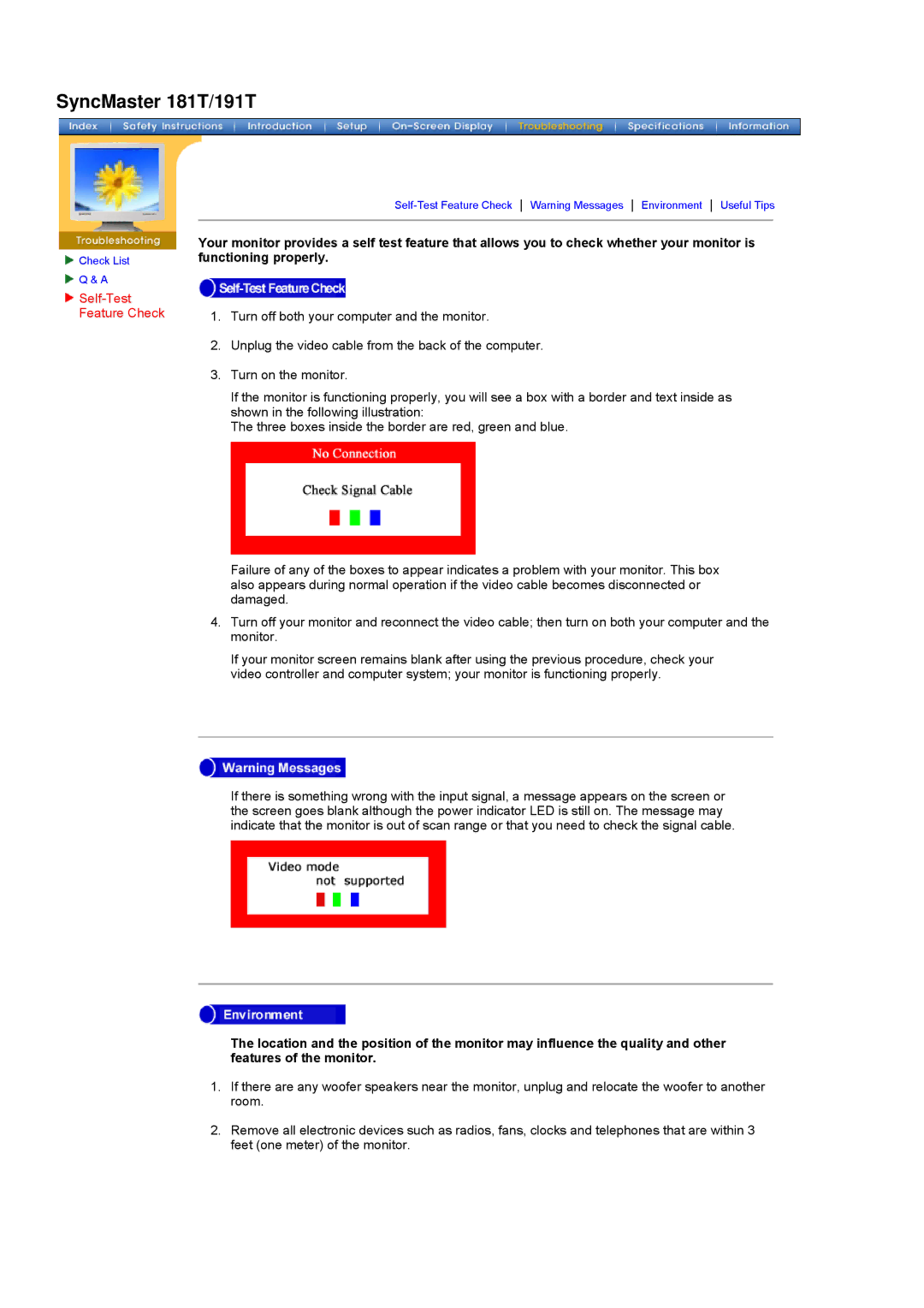 Samsung 171T, 181T manual Self-Test Feature Check 