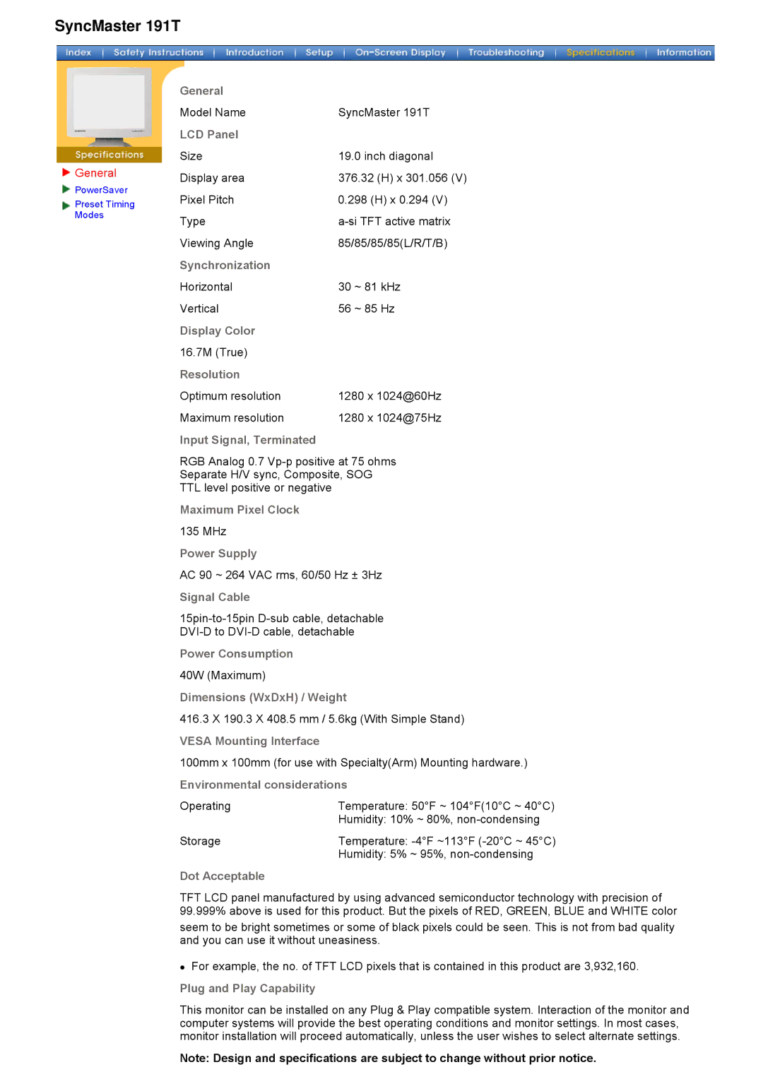 Samsung 181T, 171T manual Model Name SyncMaster 191T 