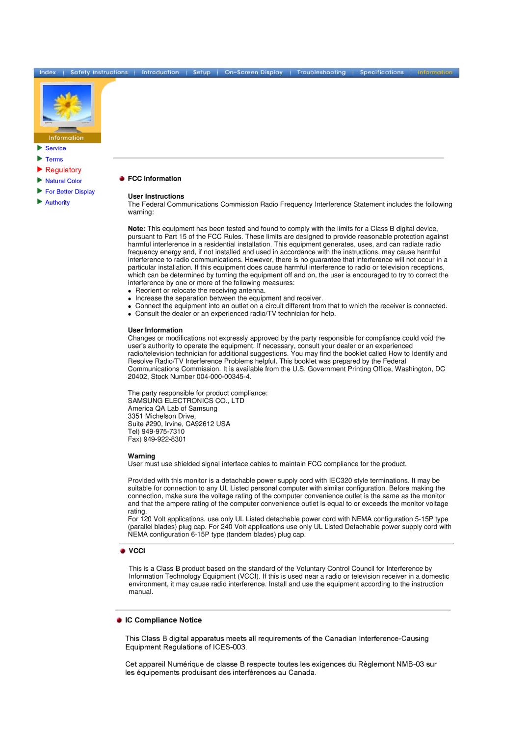 Samsung 181T, 171T manual Regulatory, IC Compliance Notice 