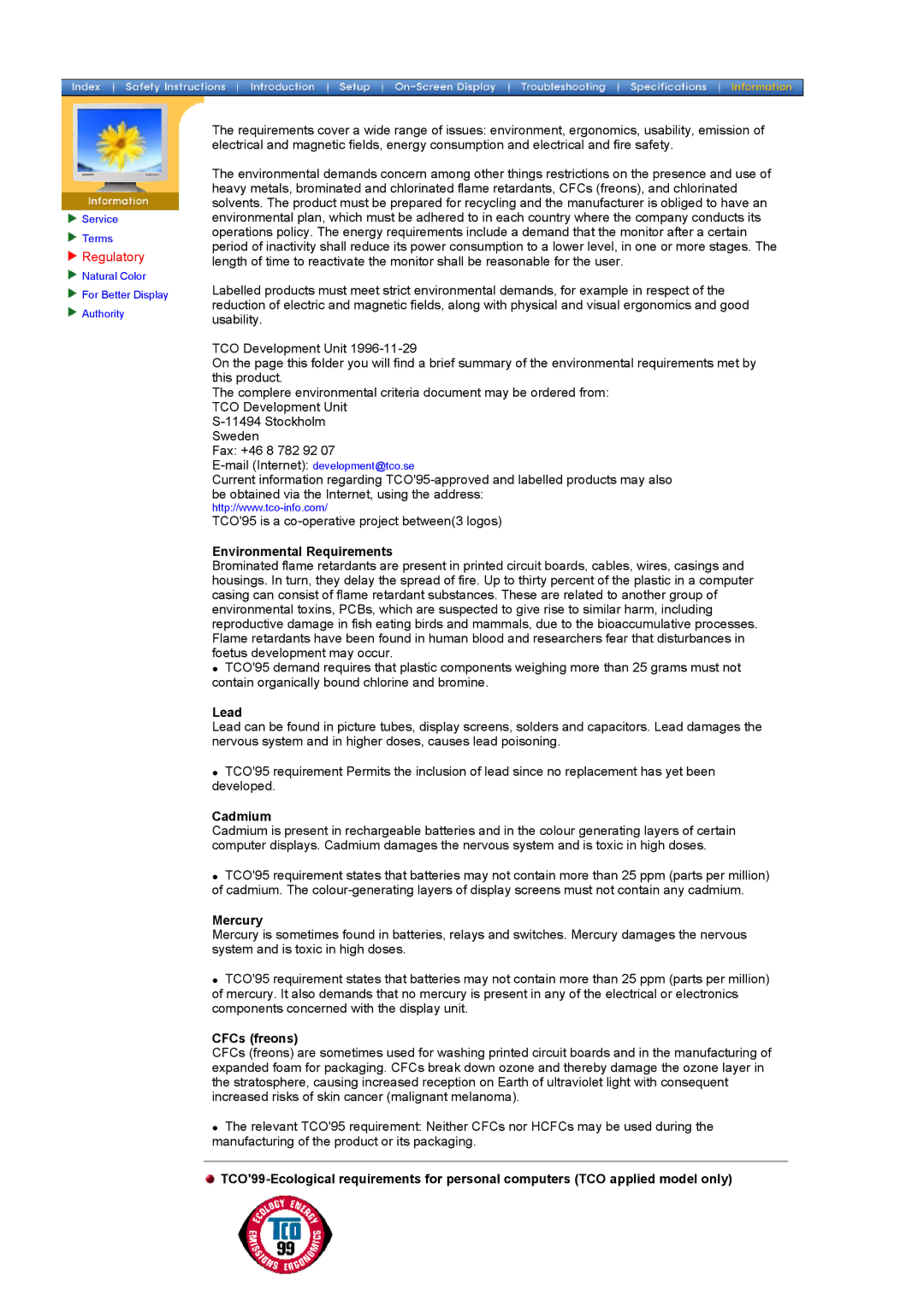 Samsung 181T, 171T manual Environmental Requirements, Lead, Cadmium, Mercury, CFCs freons 