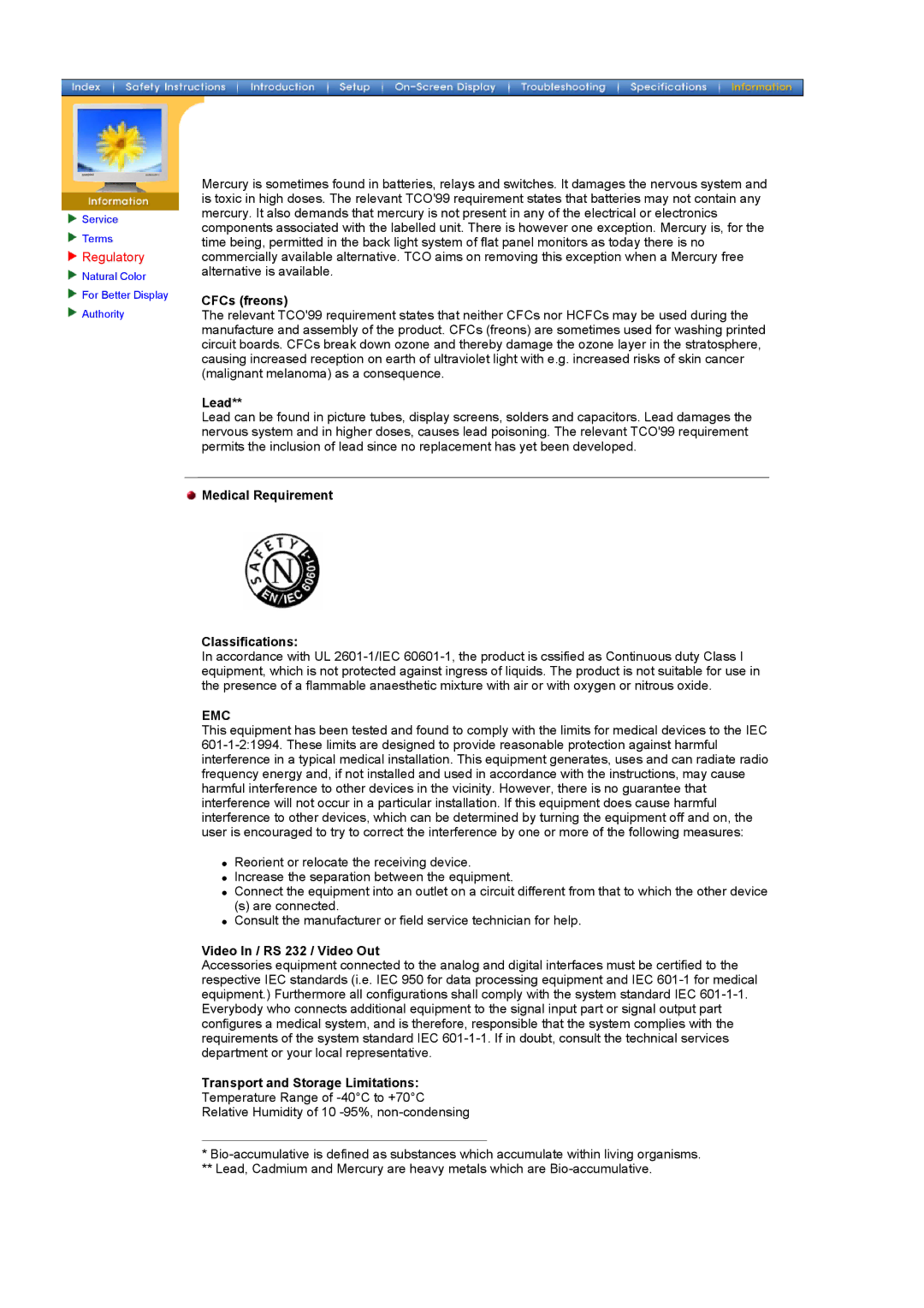 Samsung 181T, 171T Medical Requirement Classifications, Video In / RS 232 / Video Out, Transport and Storage Limitations 