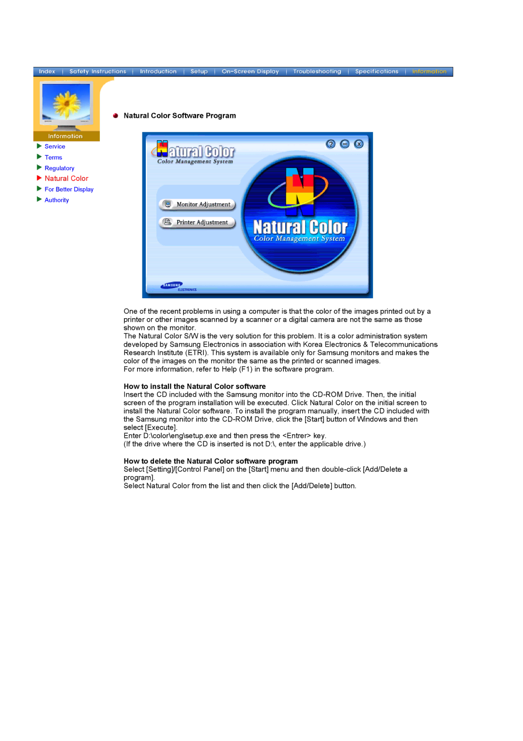 Samsung 171T, 181T manual Natural Color Software Program, How to install the Natural Color software 