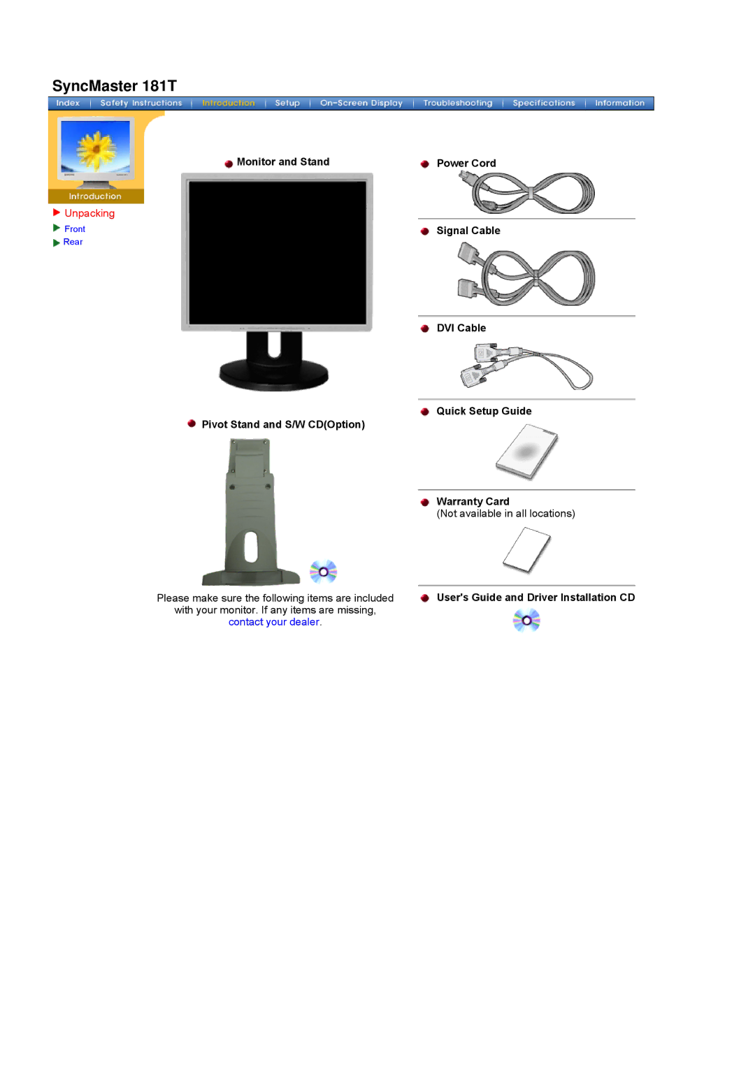 Samsung 171T manual SyncMaster 181T, Monitor and Stand Power Cord, Signal Cable 