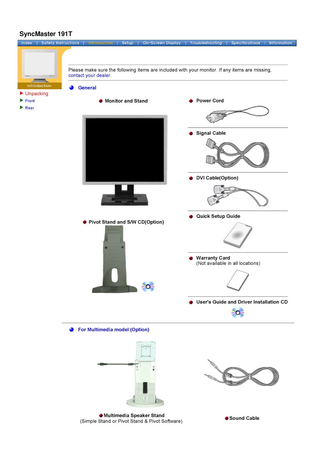 Samsung 171T, 181T manual SyncMaster 191T, Monitor and Stand Power Cord, Pivot Stand and S/W CDOption 