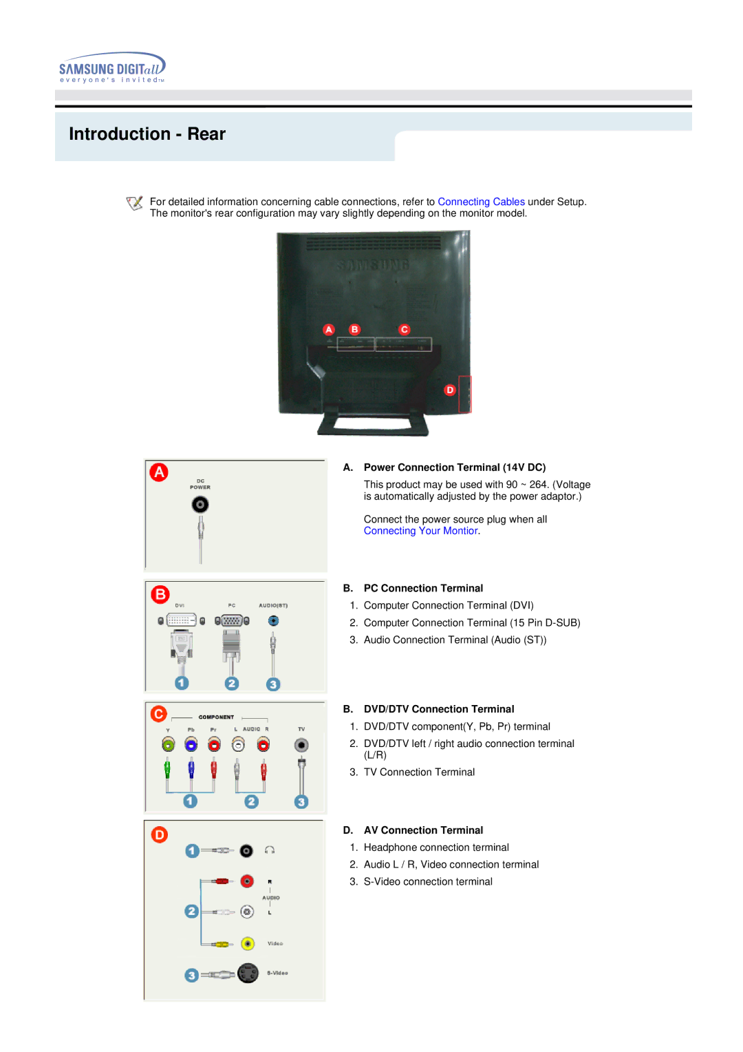 Samsung 192MP Introduction Rear, Power Connection Terminal 14V DC, PC Connection Terminal, DVD/DTV Connection Terminal 