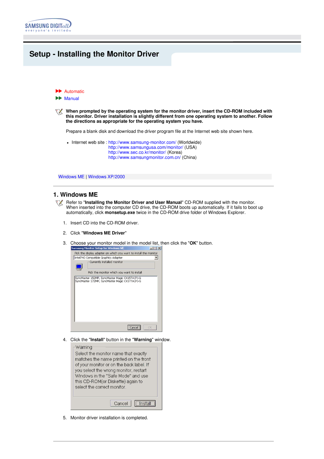 Samsung 192MP manual Setup Installing the Monitor Driver, Automatic, Click Windows ME Driver 